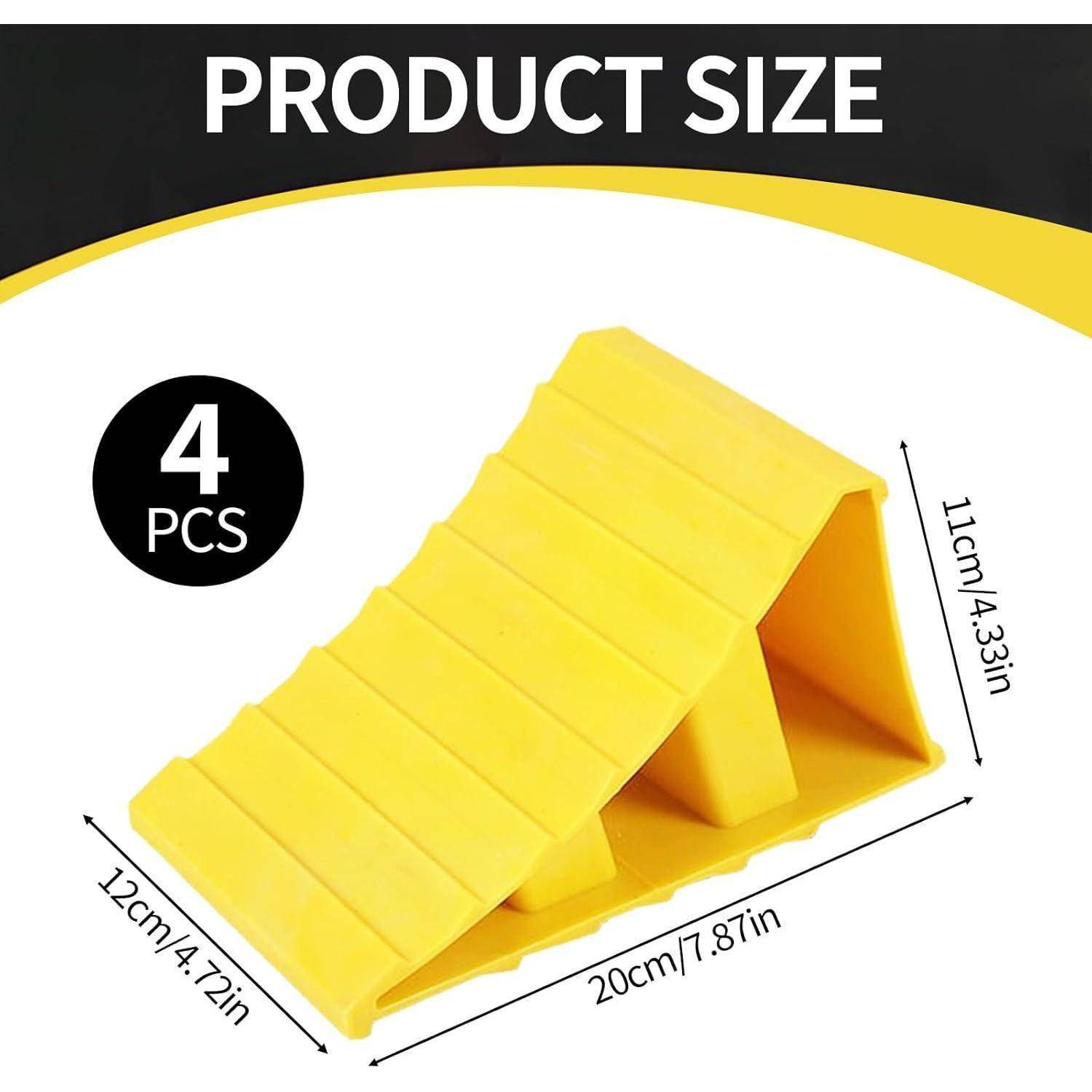 Produktgrößendiagramm für gelbe keilförmige Blöcke: 4 Stück, jeweils 20 cm lang, 12 cm breit und 11 cm hoch.