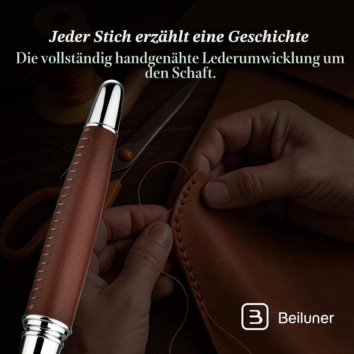 BEILUNER 318 Luxus Lederstift – handgenähtes Premium-Leder mit Chrom-Finish, Schmidt-Tintenmine, edles Geschenkset Rollerball für Damen & Herren,