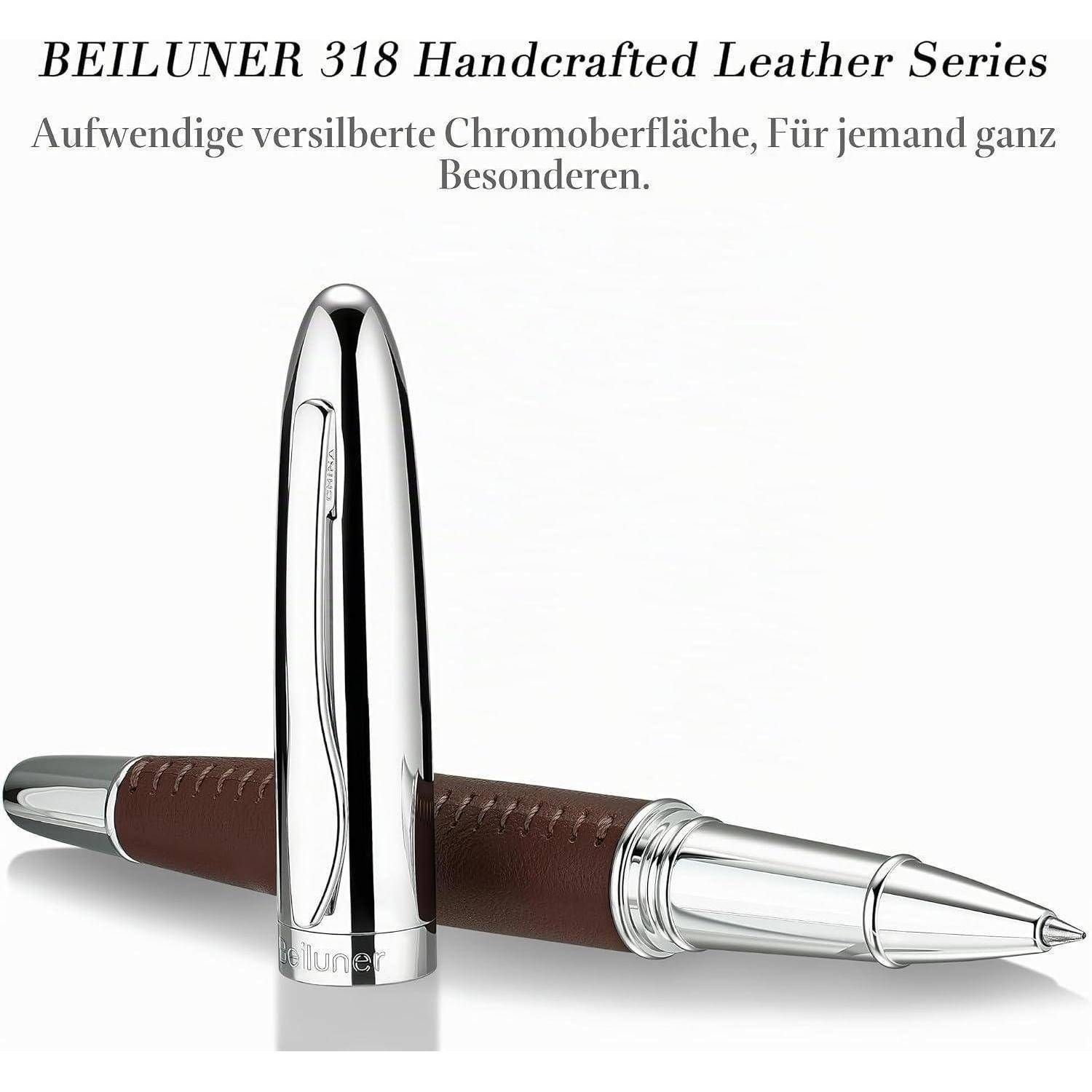 BEILUNER 318 handgefertigte Lederserie Kugelschreiber mit verchromter Spitze mit deutschem Werbeslogan auf weißem Hintergrund.