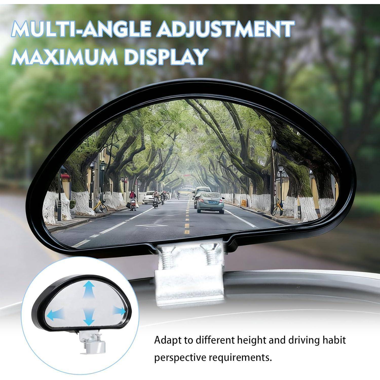 Autospiegelrückspiegel mit einer breiten Straßenansicht, mit dem Text „MULTI-WINKEL-VERSTELLUNG MAXIMALE ANZEIGE