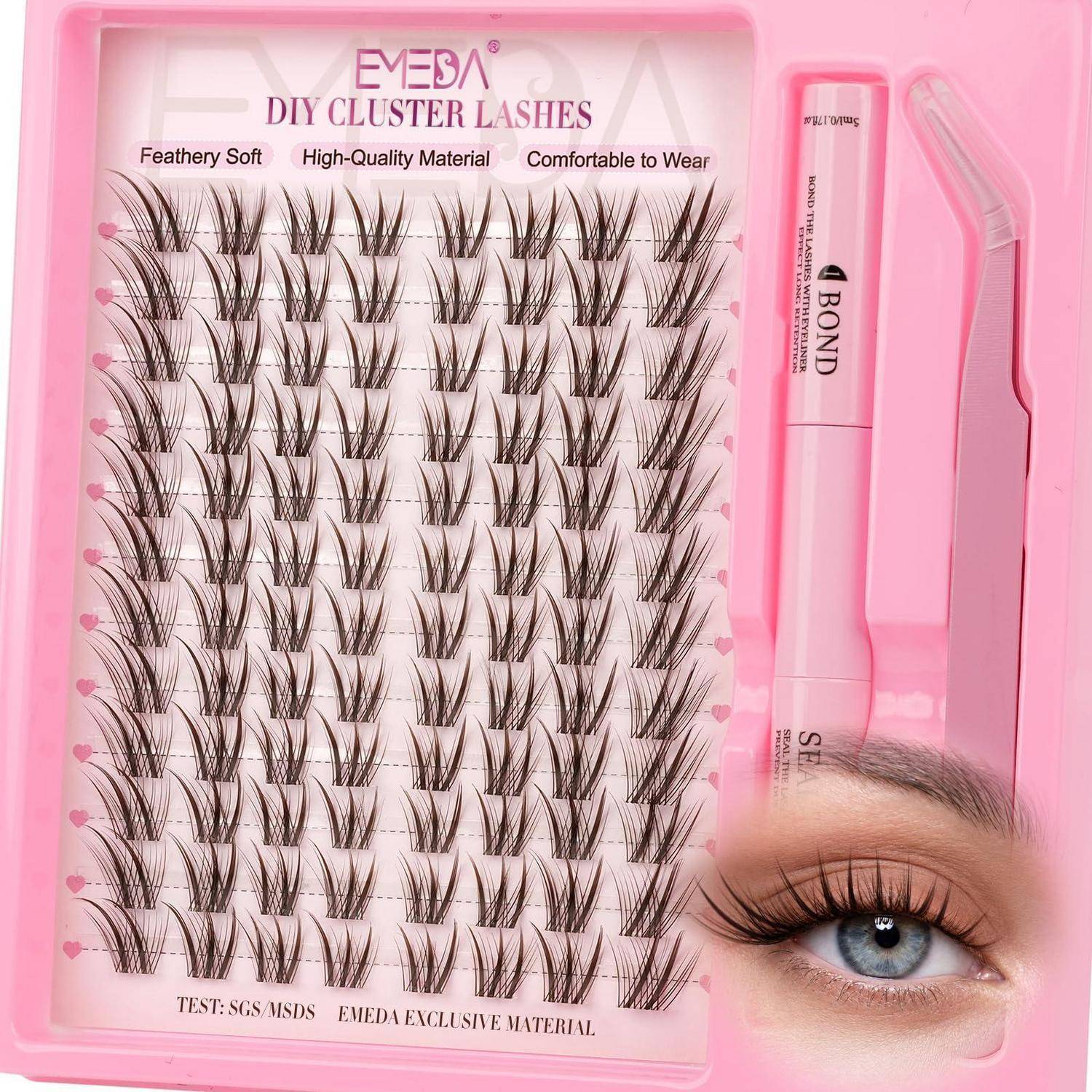 Rosa DIY-Cluster-Falsche-Wimpern-Set mit Tablett voller Wimpernfächer, Applikator-Pinzette, Leimtube und Beispielauge mit angelegten Wimpern.
