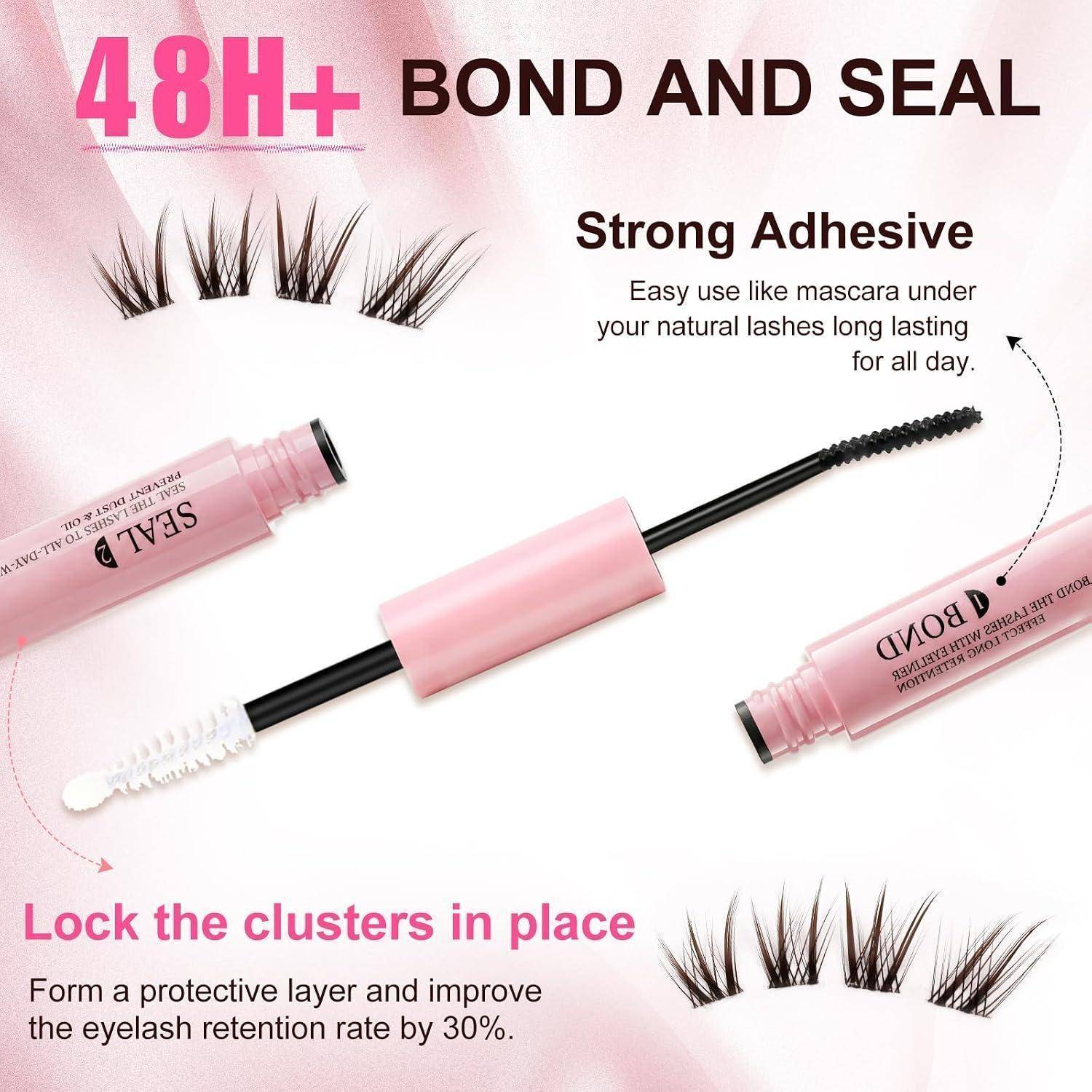 Werbegrafik für '48H+ Bond and Seal' Wimpernkleber, zeigt einen maskara-ähnlichen Applikator, falsche Wimpernbüschel und Text, der starken Ganztageshalts und 30% bessere Haltbarkeit verspricht.