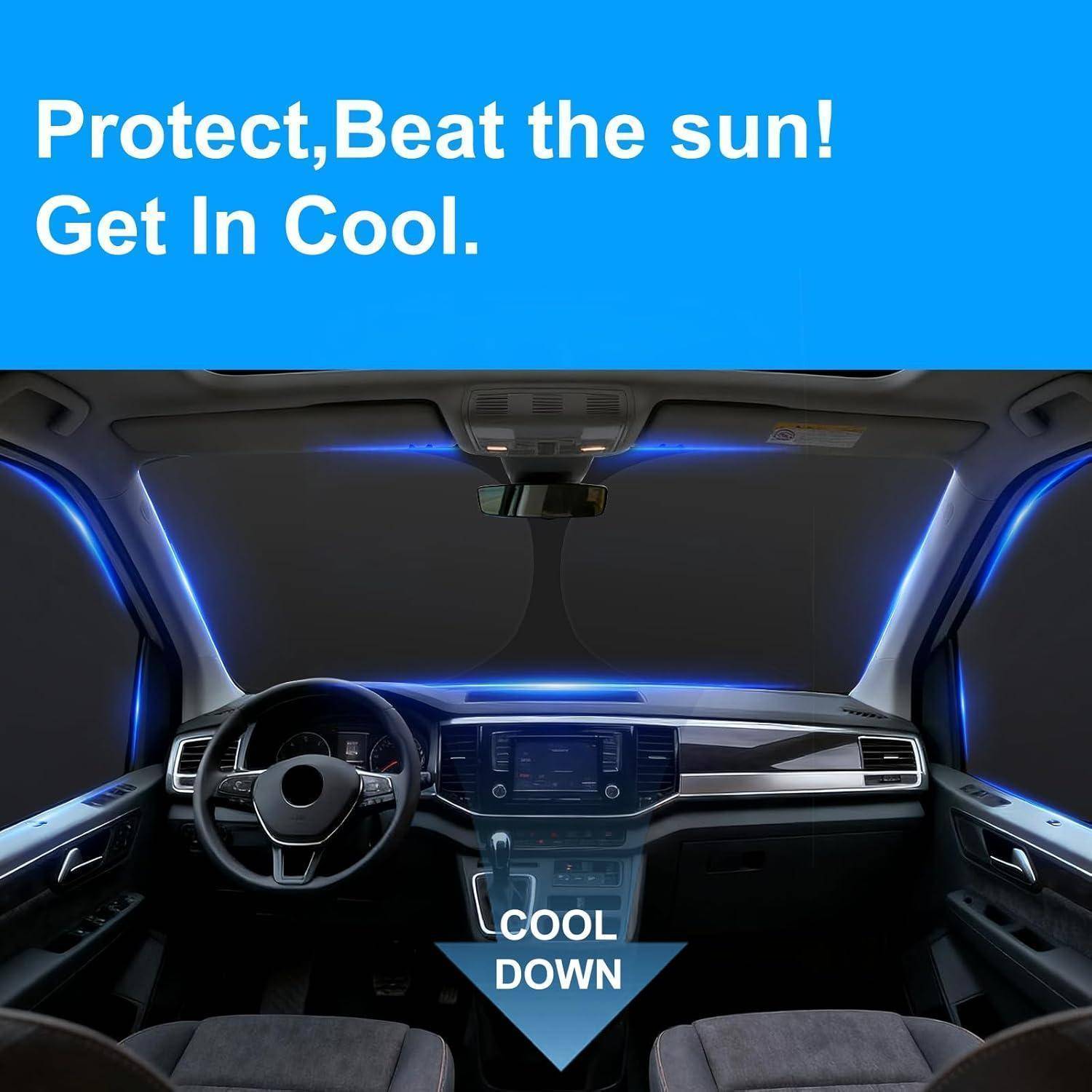 Autoinnenraum mit Sonnenschutz und blauer Beleuchtung; der Text lautet „Schützen, Sonne schlagen! Komm rein und kühle dich ab.