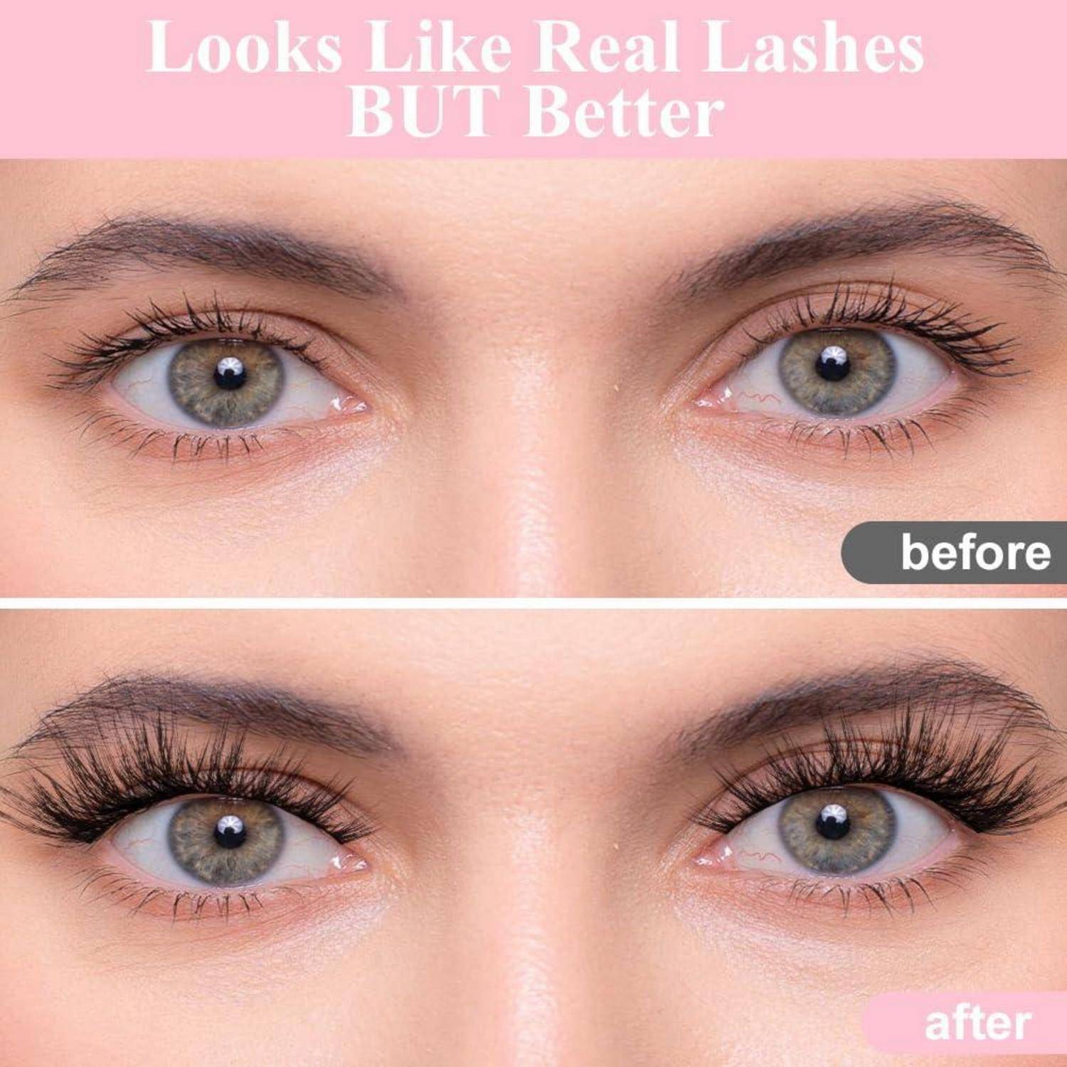 Vor-und-Nach-Nahaufnahme der Augen mit natürlichen Wimpern im Vergleich zu volleren falschen Wimpern; der Text lautet „Sieht aus wie echte Wimpern, ABER besser