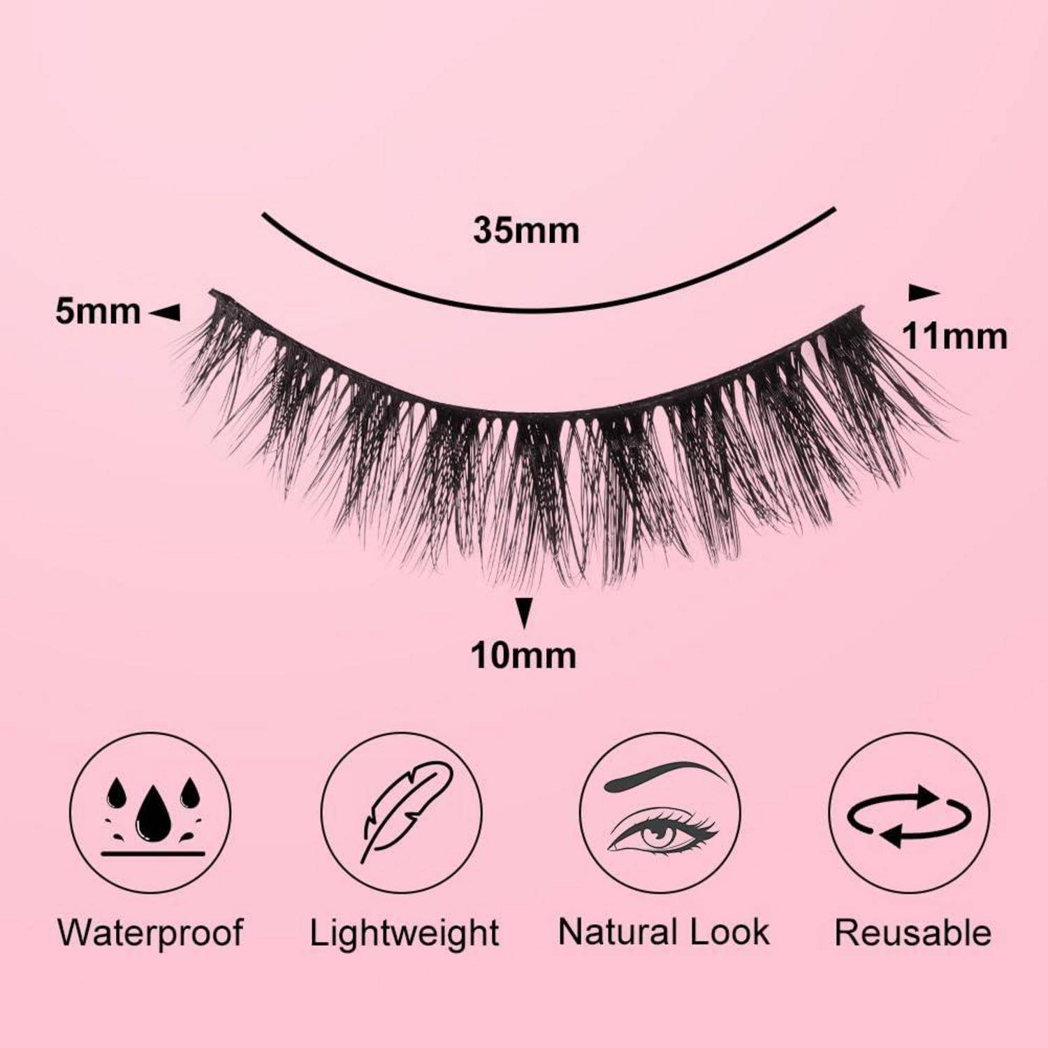 Falscher Wimpernstreifen auf rosa Hintergrund mit der Beschriftung 35mm lang, 5mm innen, 11mm außen, 10mm Mitte; Symbole kennzeichnen wasserfest, leicht, natürliches Aussehen, wiederverwendbar.