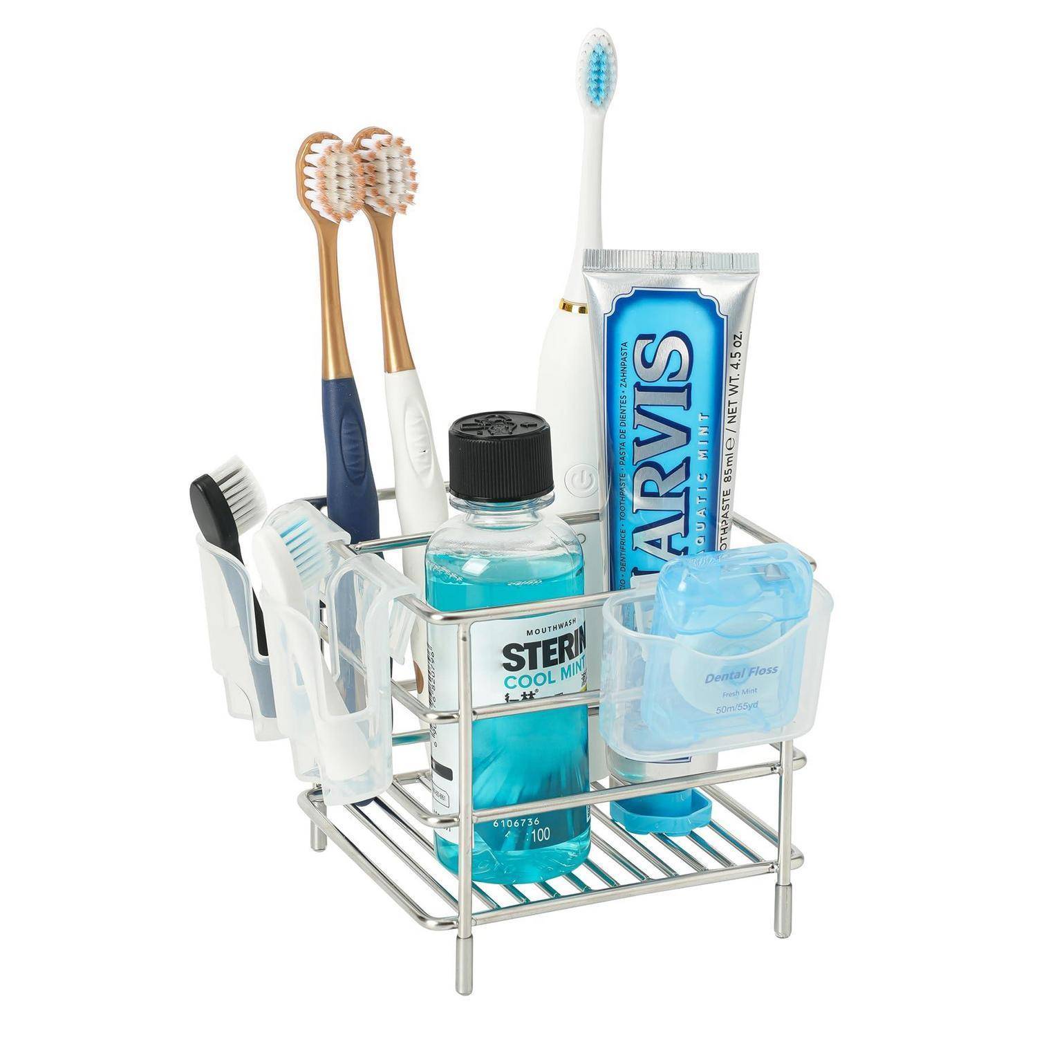 Badezimmer-Arbeitsplatte-Organizer, der Zahnbürsten, Zahnpasta, Mundwasser, Zahnseide und Zahnpflegezubehör hält.