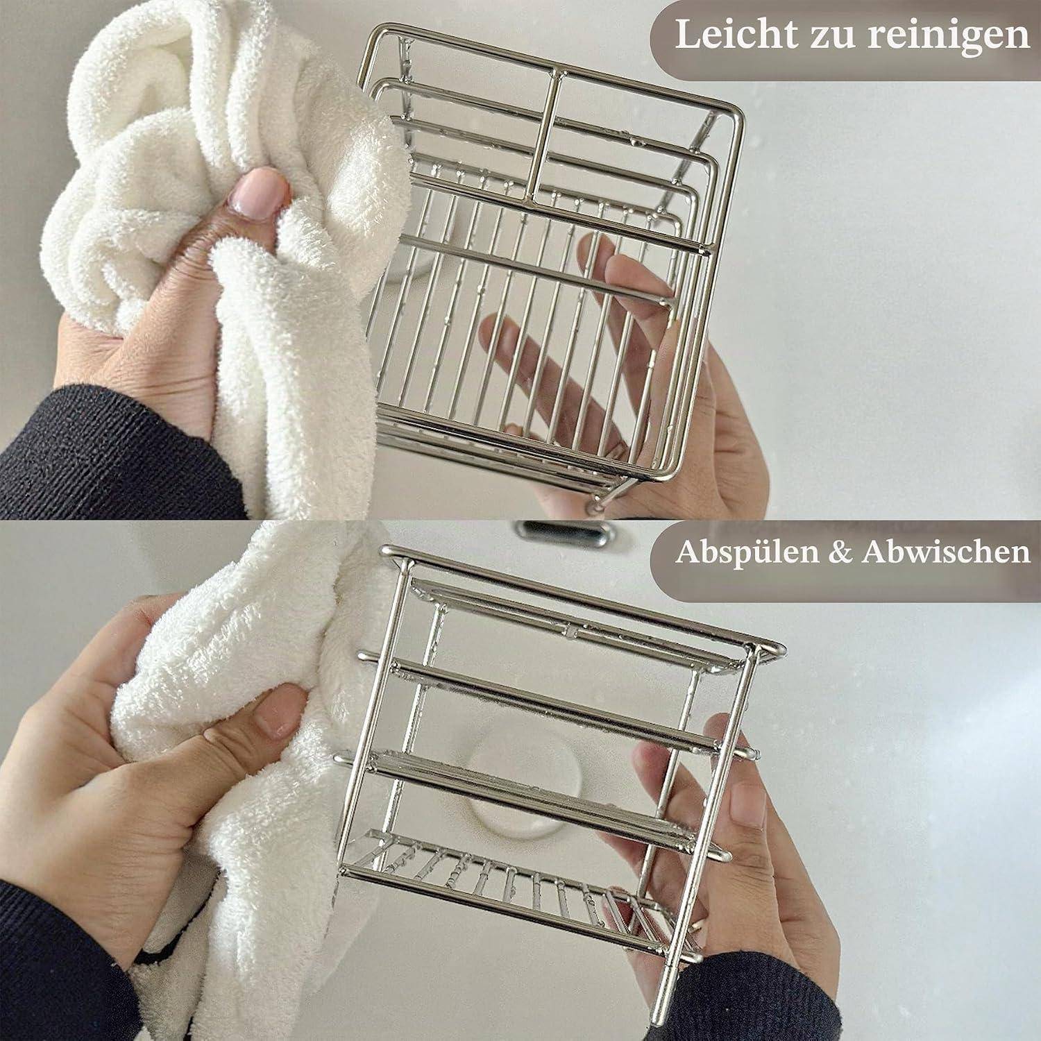 Hände wischen einen kleinen Metallkorb mit einem Tuch ab und zeigen, dass er leicht zu reinigen ist; deutscher Text sagt 