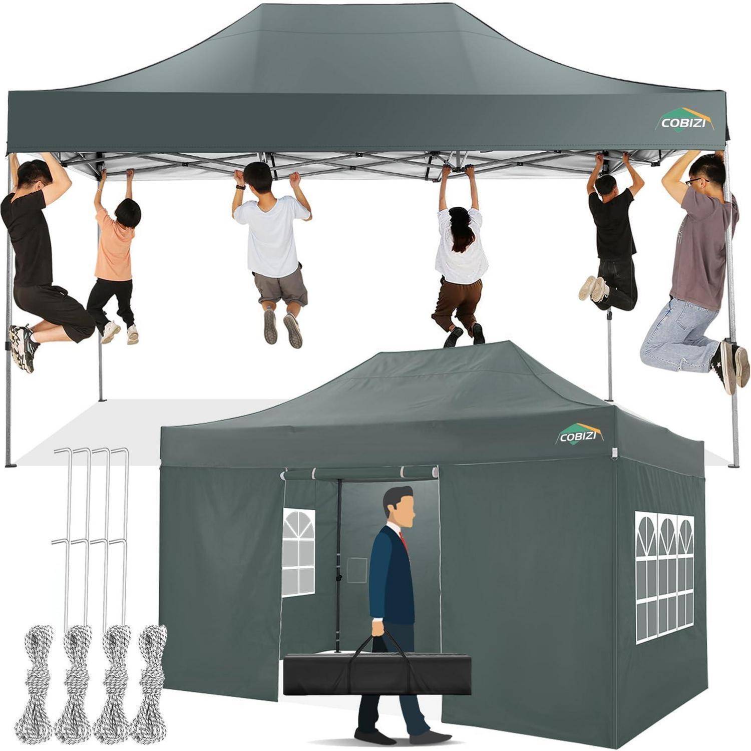Werbebild eines grünen Pop-up-Baldachins mit mehreren Personen, die am Rahmen hängen, und einem Mann, der einen Koffer in das Zelt trägt; Zubehörstifte und Seilgewichte werden angezeigt.