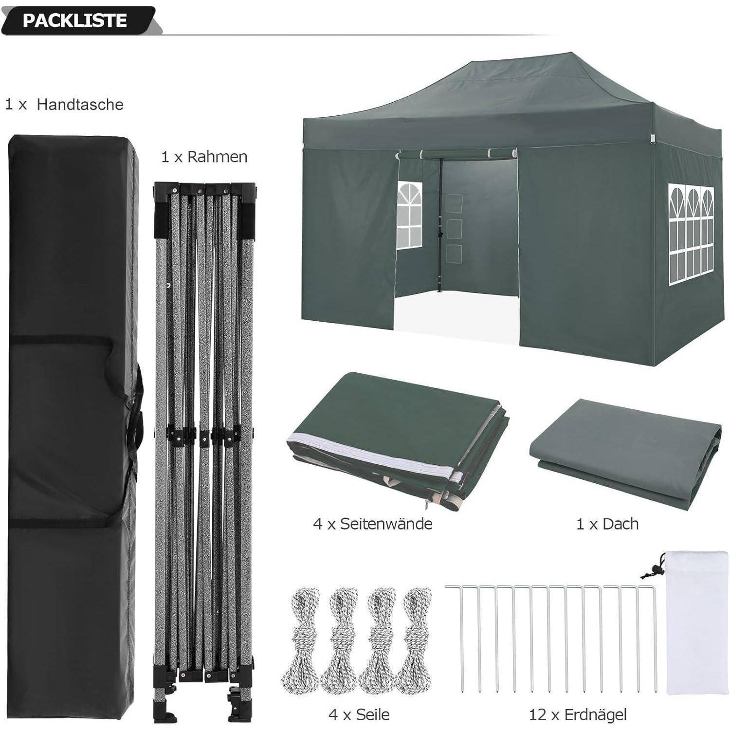 Packliste für ein Pop-up-Baldachininzelt-Set: Tragetasche, Gestell, Dach, 4 Seitenwände, 4 Seile, 12 Heringe und Abspannseil.