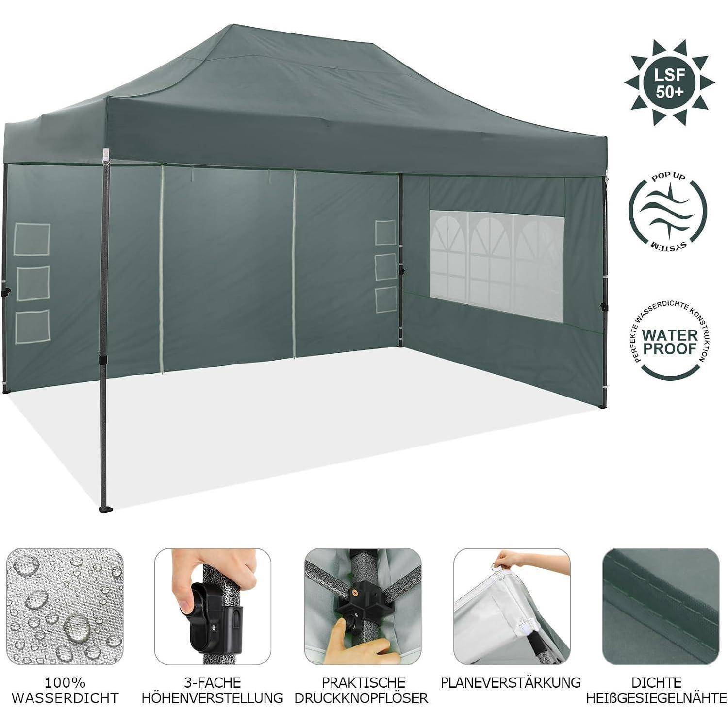 Grünes Pop-up-Baldachindach mit Seitenwänden, einem Fensterfeld und Wasserbeständigkeit, UV50+-Eigenschaften, die in Produktsymbolen hervorgehoben werden.