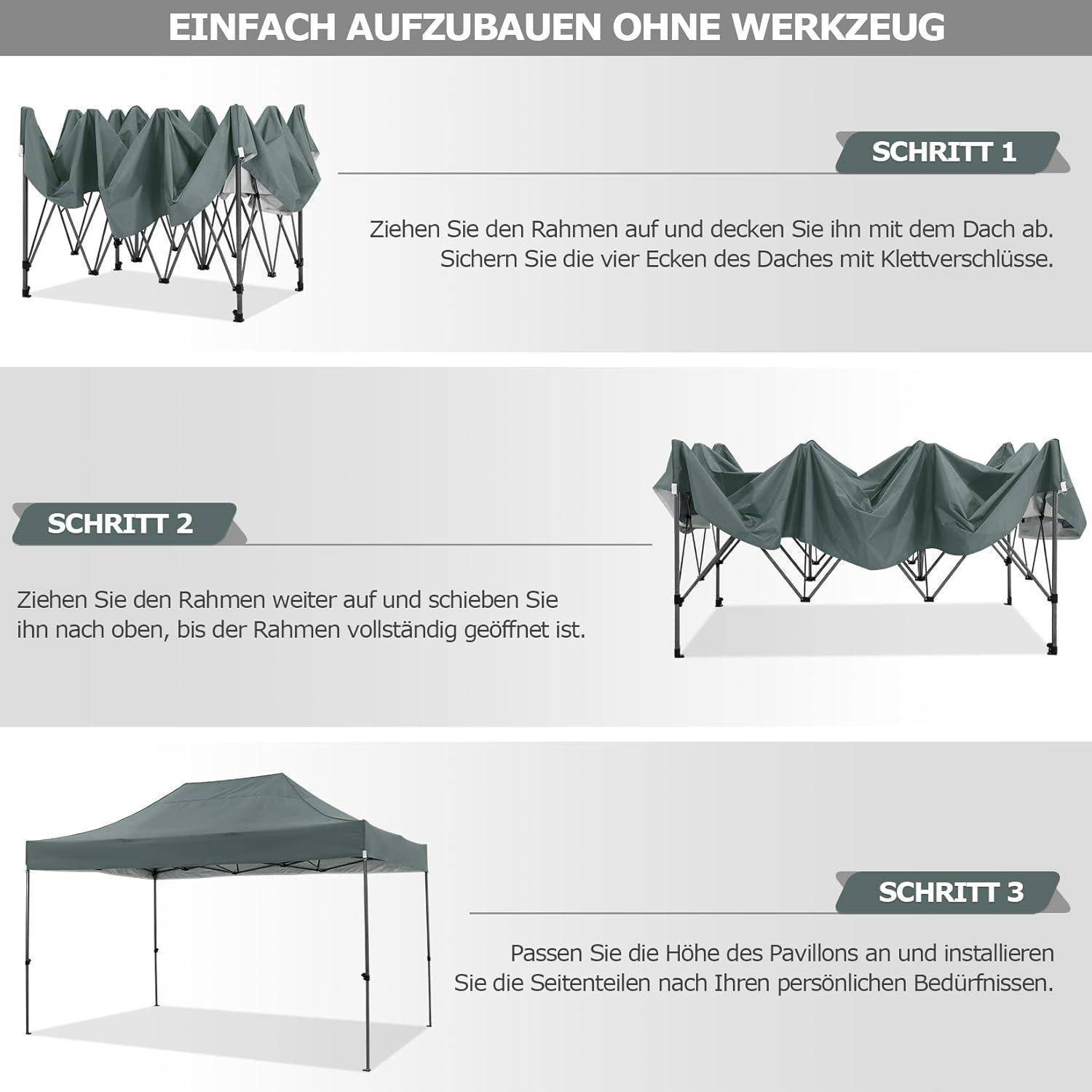 Schritt 1: Den Rahmen hochziehen und mit dem Dach abdecken, die Ecken sichern; Schritt 2: Den Rahmen vollständig öffnen; Schritt 3: Höhe anpassen und Seitenpaneele hinzufügen.