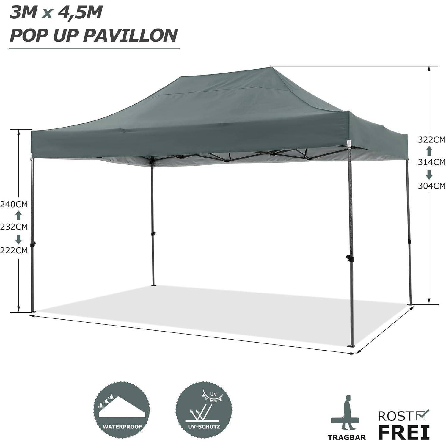 Abbildung eines 3 m x 4,5 m Pop-up-Pavillon-Baldachins mit Höhenmessungen, das wasserdichte und UV-geschützte Eigenschaften zeigt.