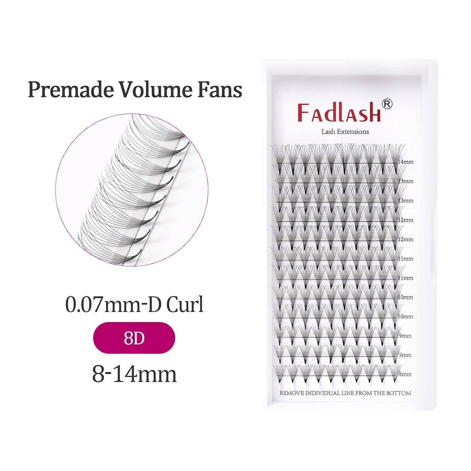 Vorgefertigte Volumenwimpern-Fächer, 0,07mm D-Curl, 8D, 8-14mm; die Produktverpackung zeigt sortierte Wimpernlängen.