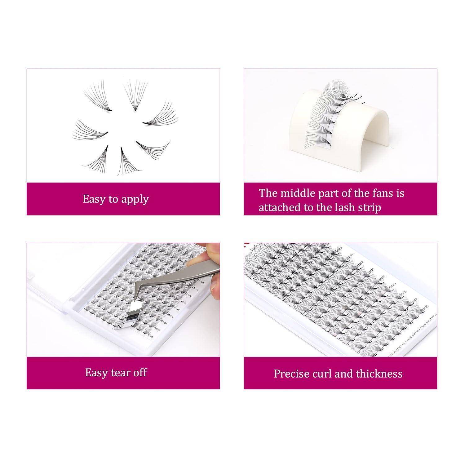 Vierpanel-Anleitung für Wimpernverlängerungen mit Fächerwimpern, Anwendung auf dem Wimpernstreifen, einfaches Abziehen und präzise Krümmung und Dicke.