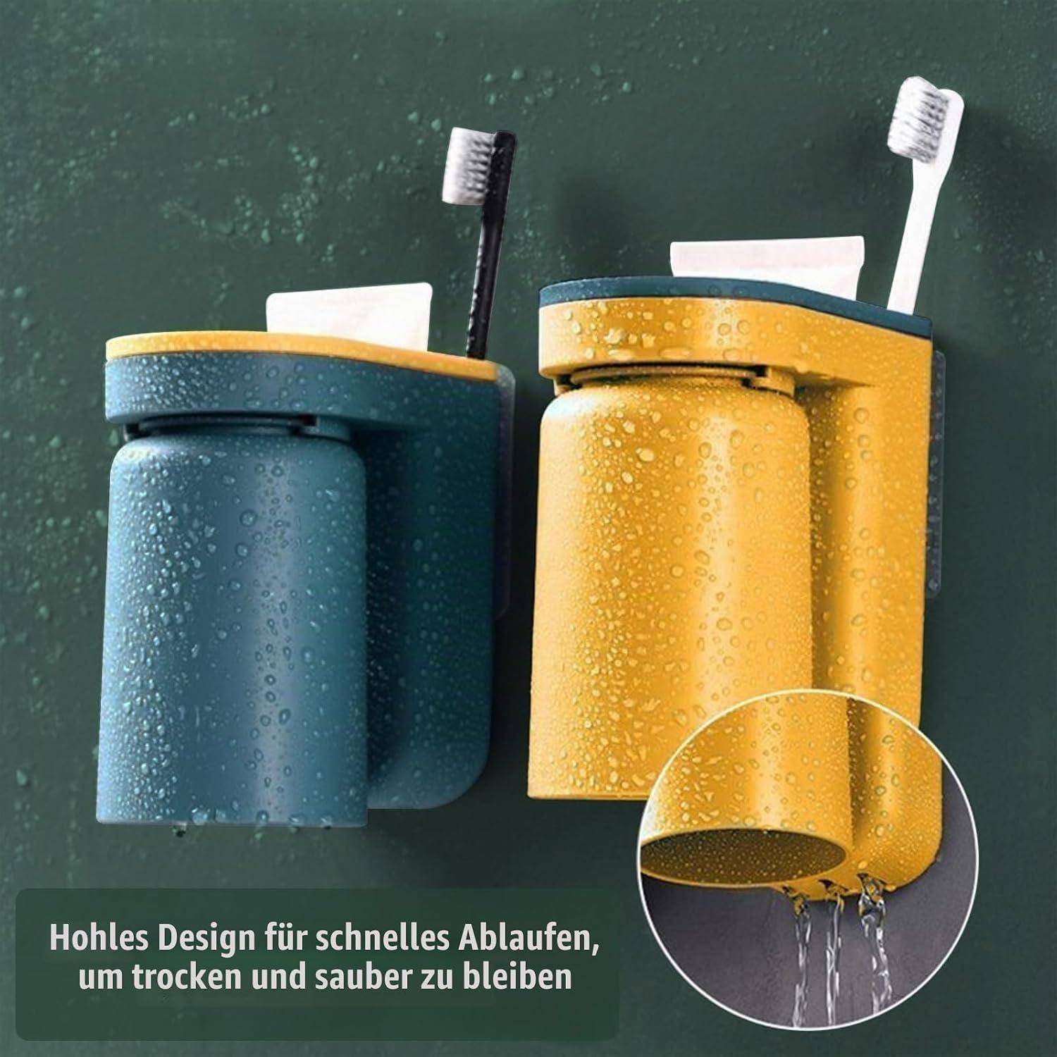 Zwei an der Wand montierte Zahnbürstenhalter in Blau und Gelb mit Bürsten; die Vergrößerung zeigt den Halter beim Ablaufen von Wasser, mit deutschem Text über schnelle Entwässerung, um trocken und sauber zu bleiben.