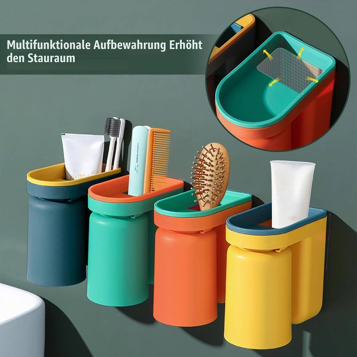 Illustration von farbenfrohen Badezimmer-Wandmontage-Aufbewahrungsbechern, die Toilettenartikel halten, mit Ausschnitt zeigt abnehmbaren Ablaufaufsatz; deutscher Text sagt, dass multifunktionale Lagerung den Platz vergrößert.