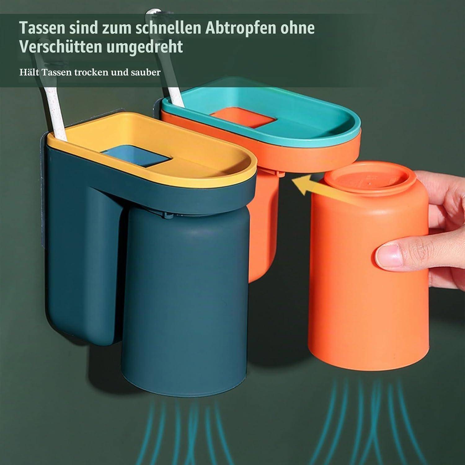 Farbenfrohe Becherhalter-Anzeige mit deutschem Text: „Becher lassen sich zum schnellen Ablaufen umkehren
