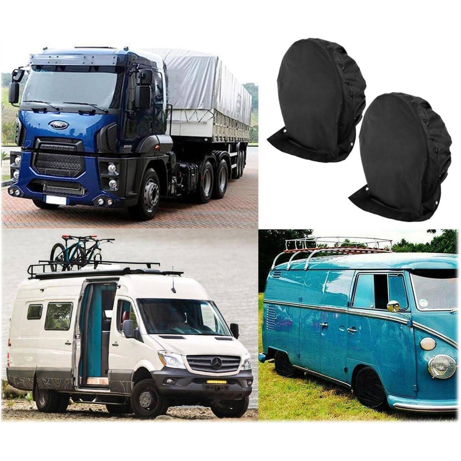 Collage von Fahrzeug- und Ausrüstungsabdeckungen: ein blauer Sattelzug, zwei schwarze Rad-/Reifenabdeckungen, ein weißer Wohnmobil-Kastenwagen mit Dachfahrrädern und ein blauer Vintage-Van mit Dachgepäckträger.