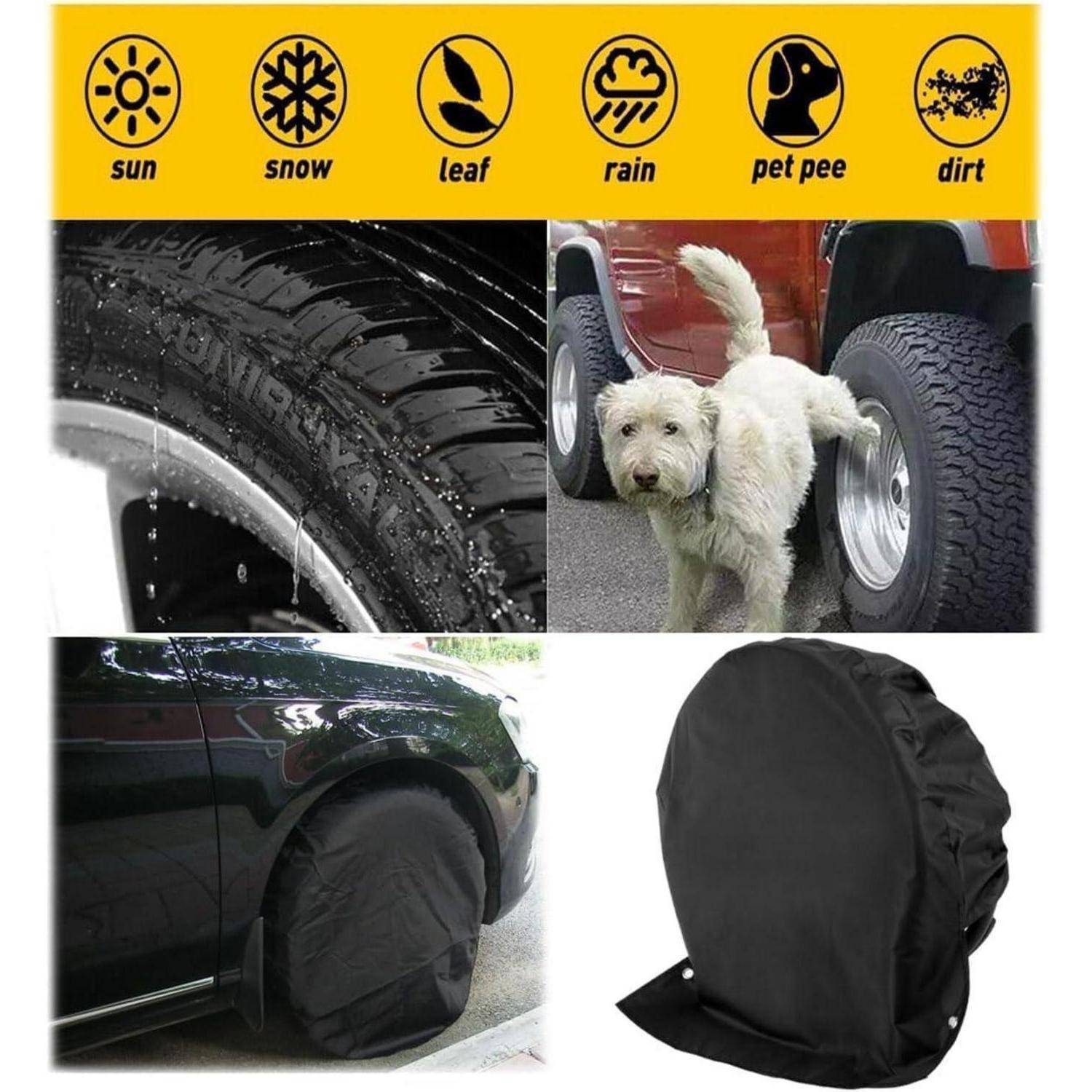 Schwarze Radabdeckung/Reifenschutzhülle schützt den Reifen eines Autos vor Sonne, Schnee, Laub, Regen, Tierurin und Schmutz; dargestellt montiert auf einem Fahrzeug und als Schutzprodukt.