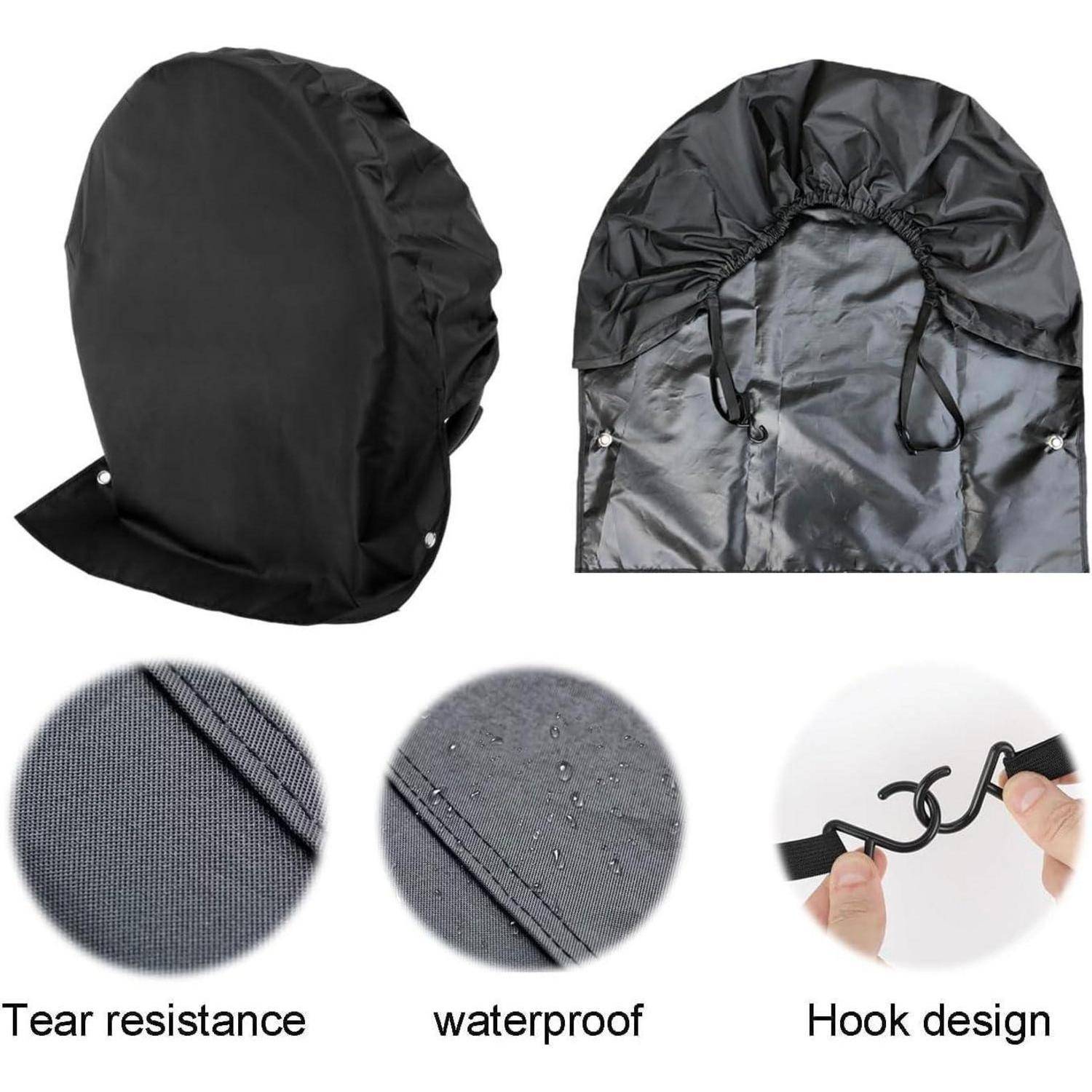 Schwarze Schutzabdeckung von vorne und von innen gezeigt, mit Nahaufnahmen, die Reißfestigkeit, wasserdichtes Material und Hakenverschlussdesign hervorheben.