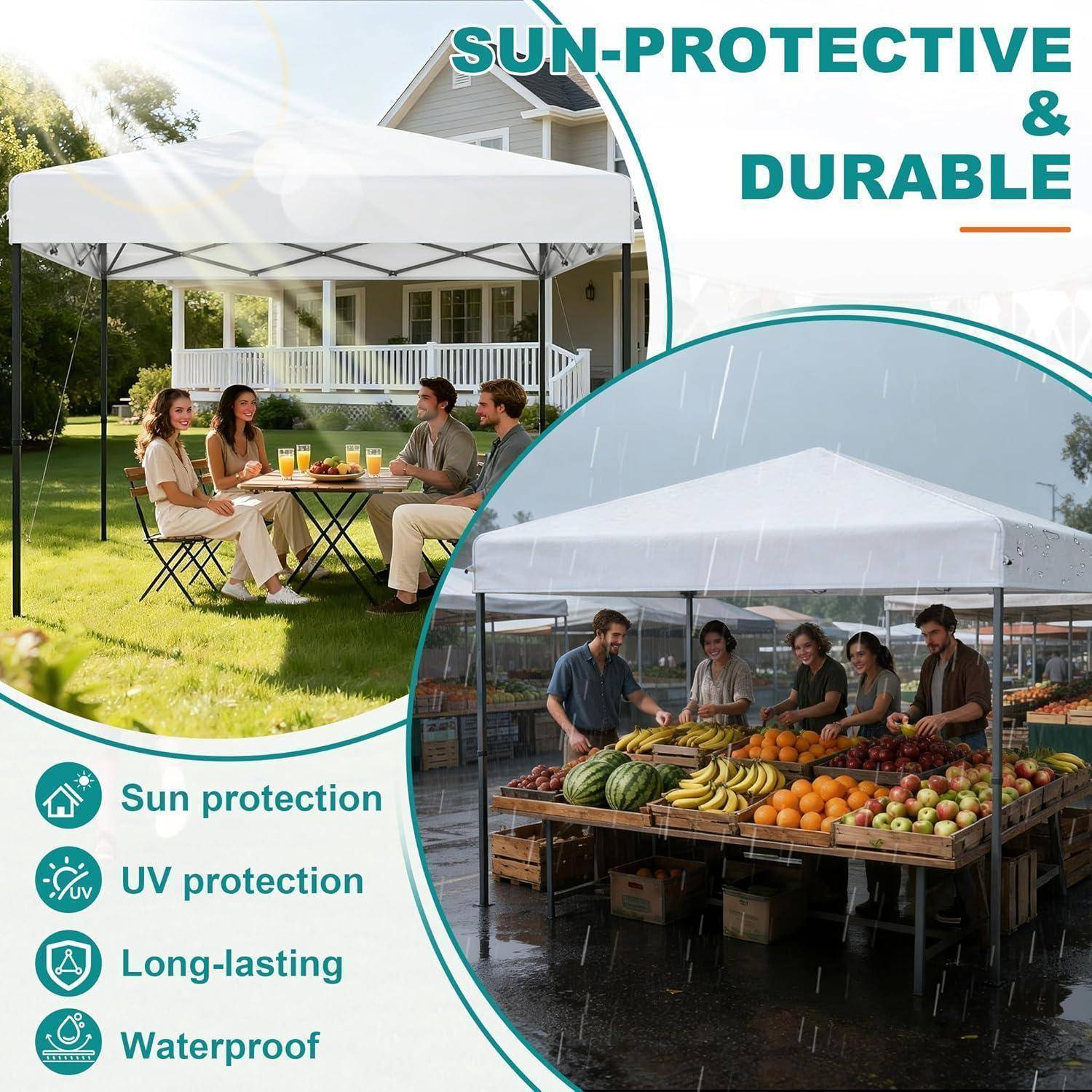 Werbebild eines weißen Pavillon-Zeltes für Außenschatten und Marktabdeckung, mit dem Label „SONNENSCHUTZ & LANGLEBIG" und folgenden Vorteilen: Sonnenschutz, UV-Schutz, langlebig, wasserdicht.