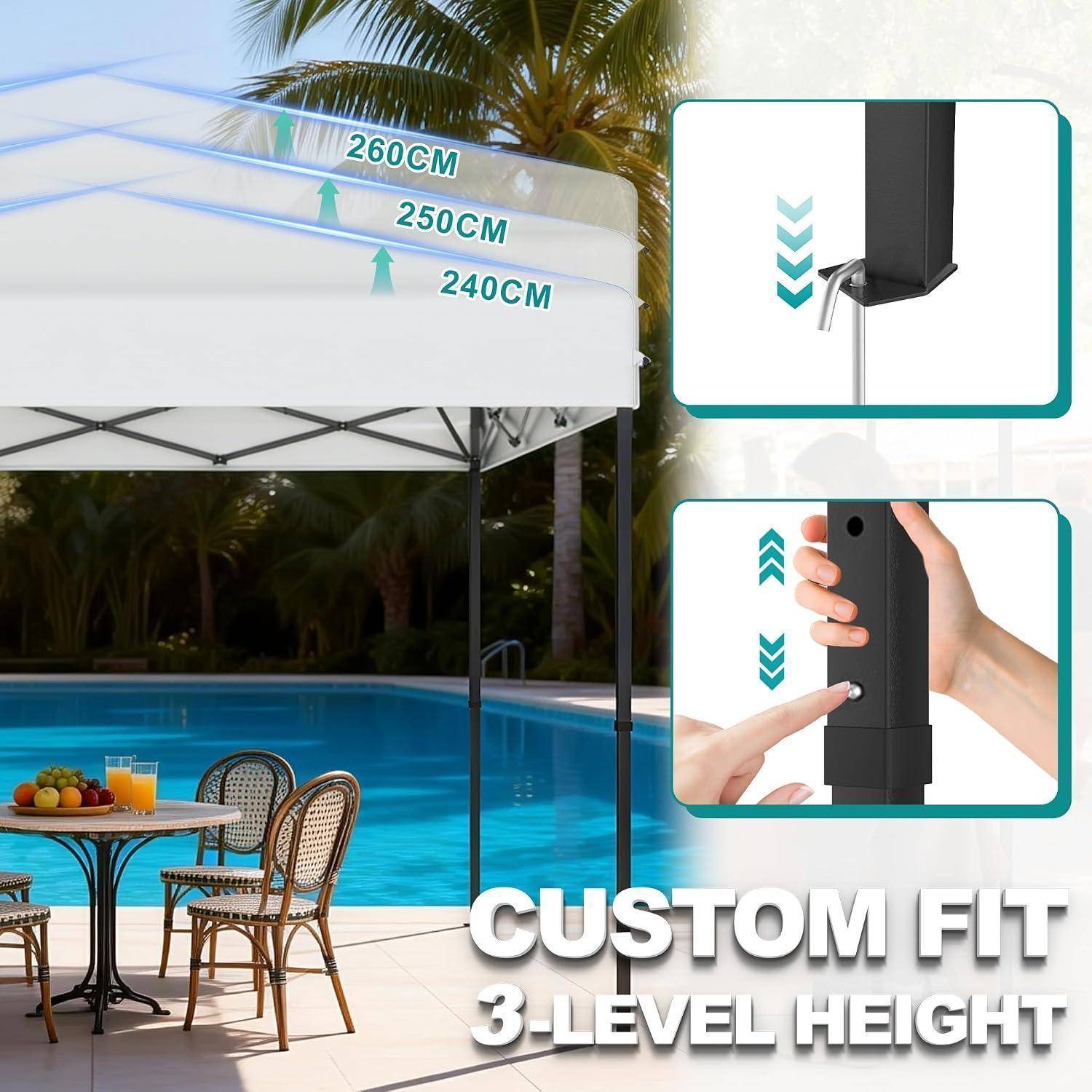 Patio-Markise neben einem Pool mit dem Text „CUSTOM FIT 3-LEVEL HEIGHT" und Höhenoptionen 240 cm, 250 cm und 260 cm, die verstellbare Stangenfunktionen zeigt.