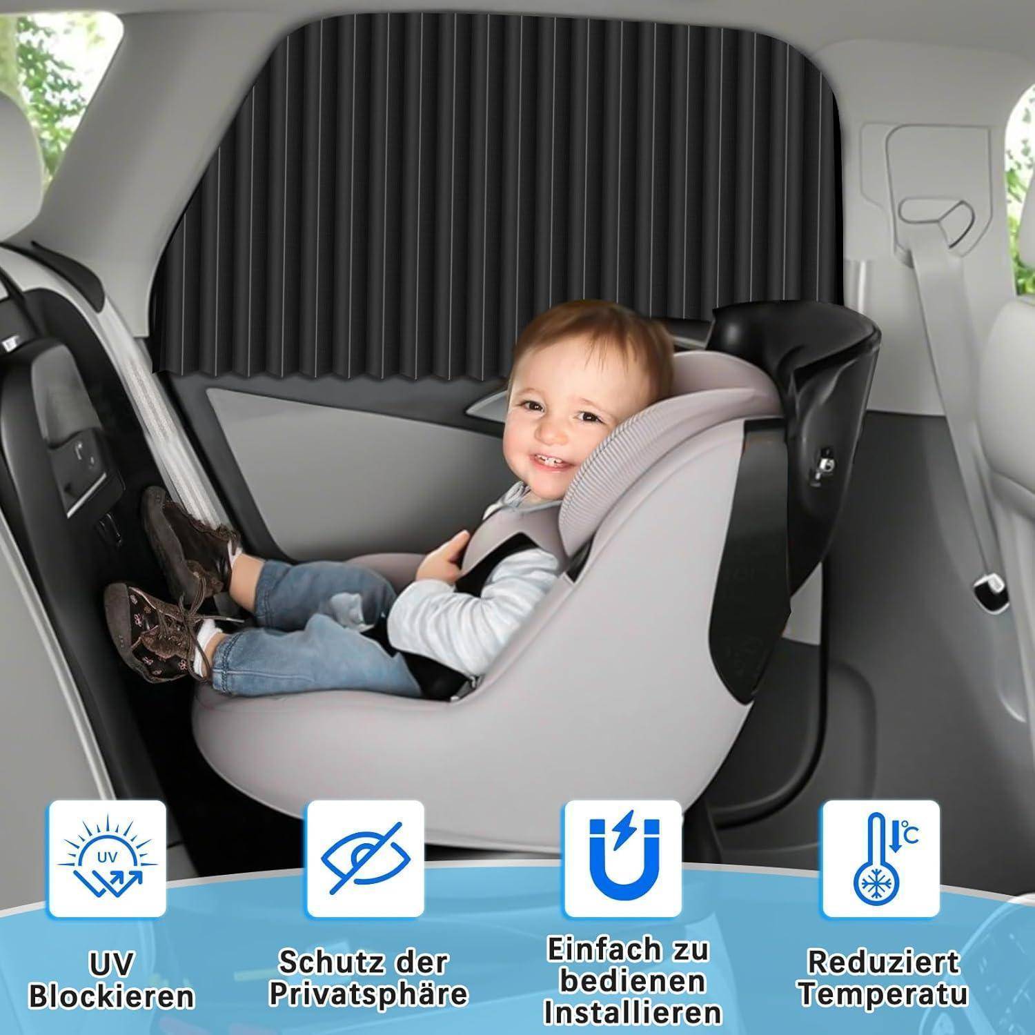 Lächelndes Baby, das in einem grauen Kindersitz im Fahrzeug sitzt, mit Symbolen darunter, die UV-Blockierung, Datenschutz, einfache Installation und reduzierte Temperatur zeigen.