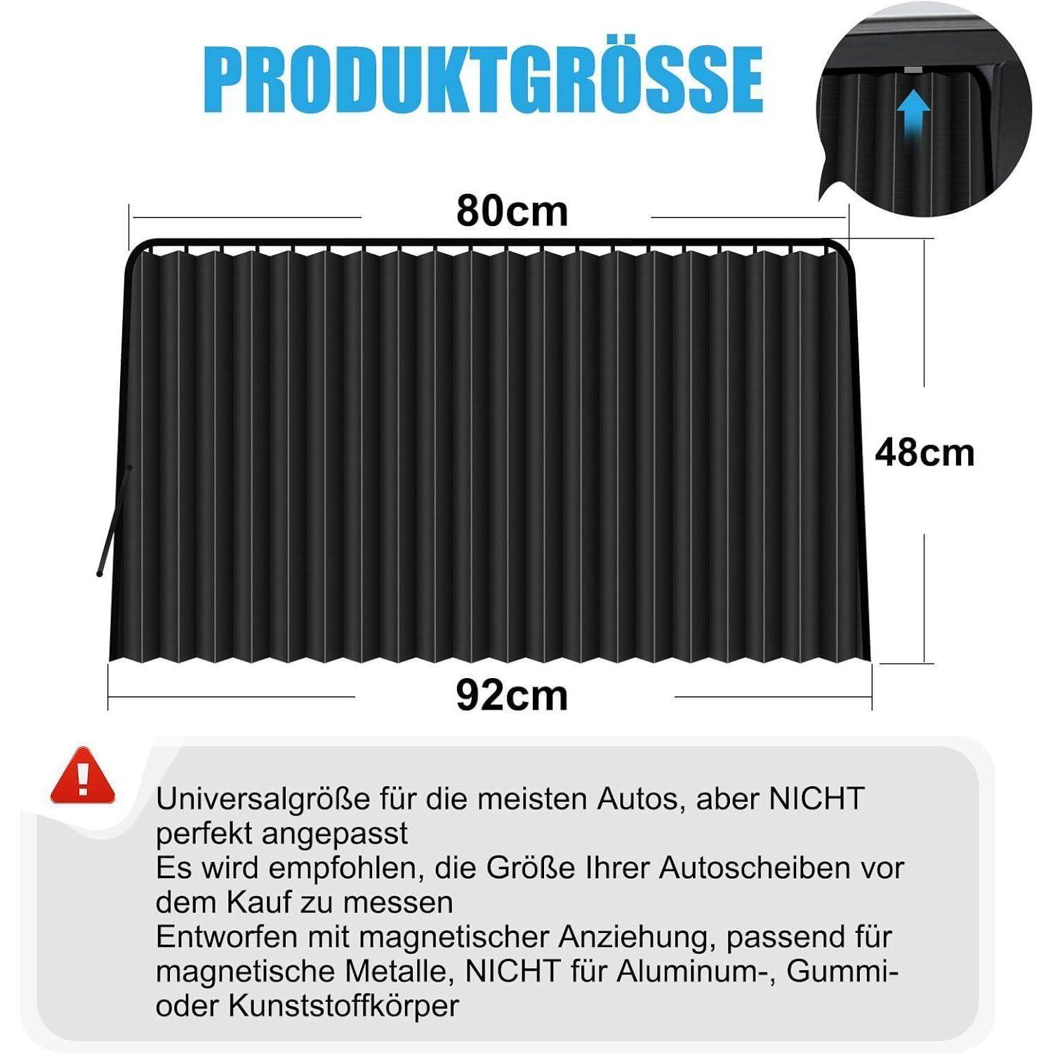Größendiagramm eines schwarzen Sonnenschutzes für Autos: 80 cm breit oben, 92 cm unten, 48 cm hoch; Hinweis besagt universelle Passform, nicht für Aluminium-, Gummi- oder Kunststofffahrzeuge.