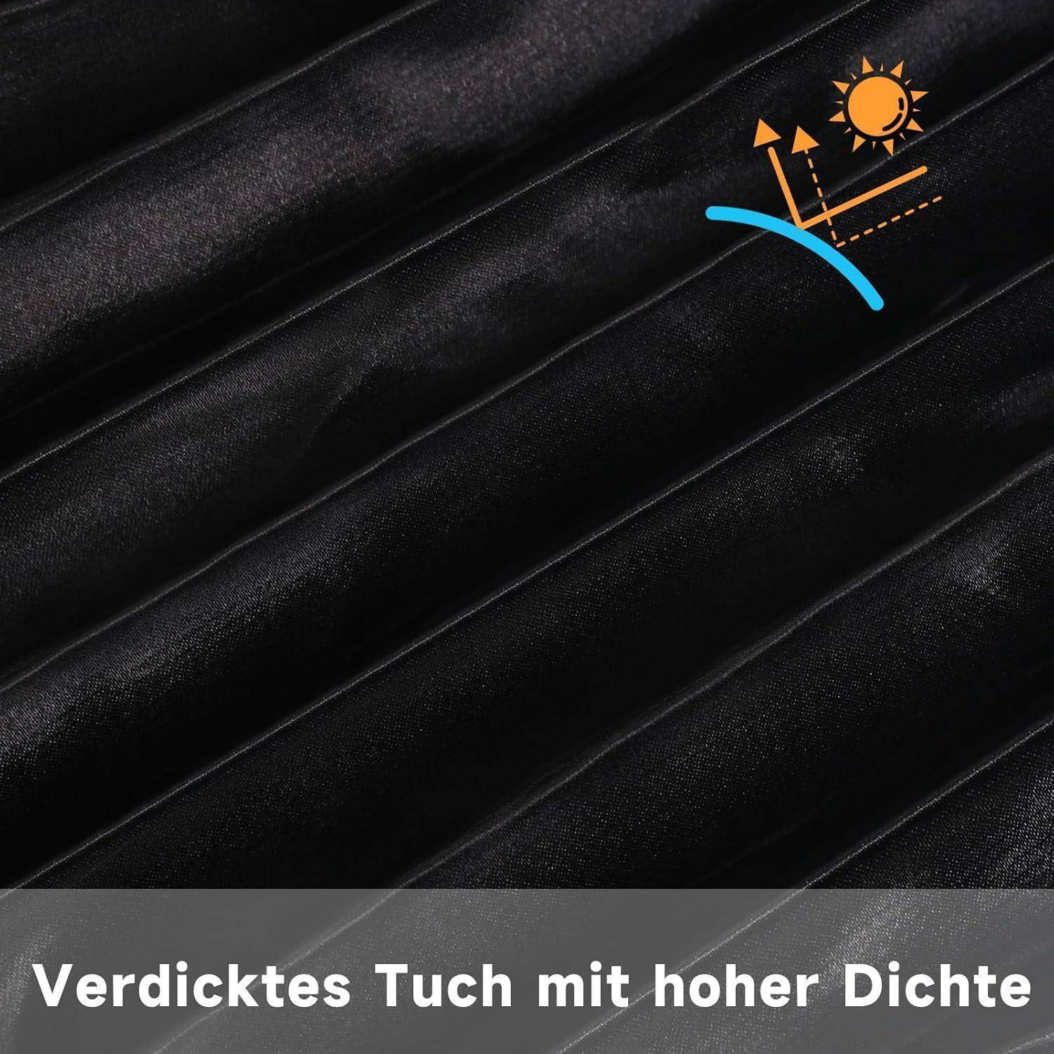 Schwarzer strukturierter Stoff in Nahaufnahme mit Symbol, das Sonne und Luftströmung über einer gekrümmten Oberfläche zeigt, was auf dichtes, hitzebeständiges Material hindeutet.