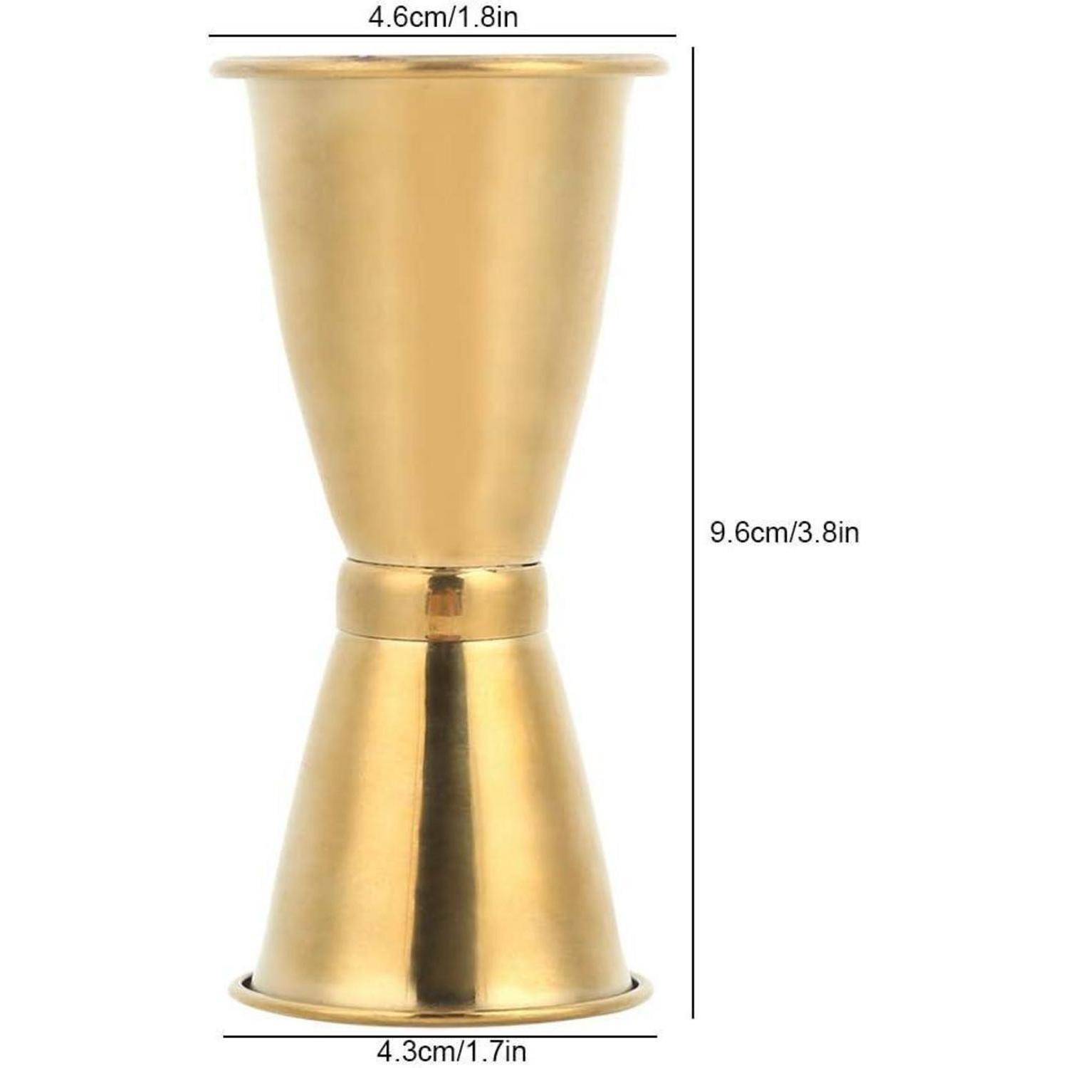 Goldfarbener Messingbecher mit zwei verjüngten Enden, gezeigt mit Abmessungen von 9,6 cm Höhe und 4,6/4,3 cm Breite zum Abmessen von Getränken.
