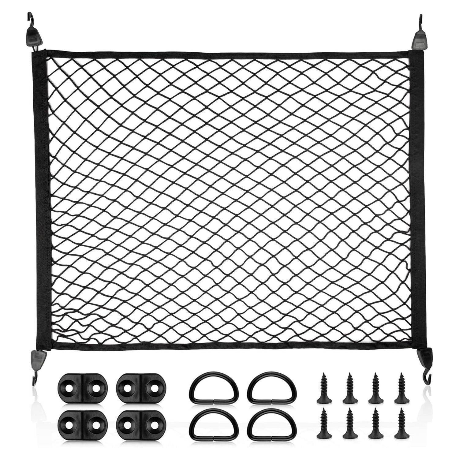 Schwarzes elastisches Ladungsnetz mit Haken, gezeigt mit Montagezubehör: 4 Halterungen, 4 D-Ringe und 8 Schrauben.