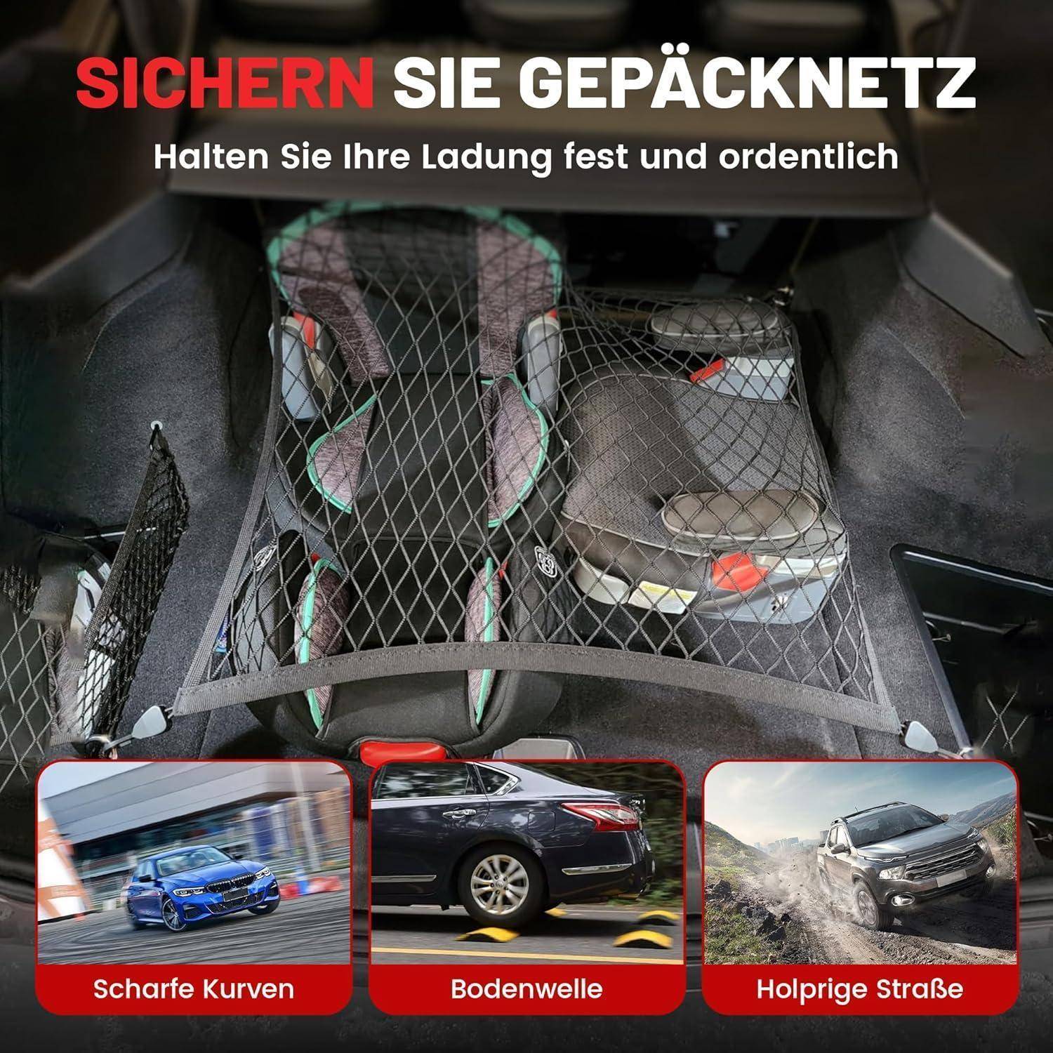 Kofferraum-Ladenetz zum Sichern von Gepäck, mit deutschem Text „SICHERN SIE GEPÄCKNETZ