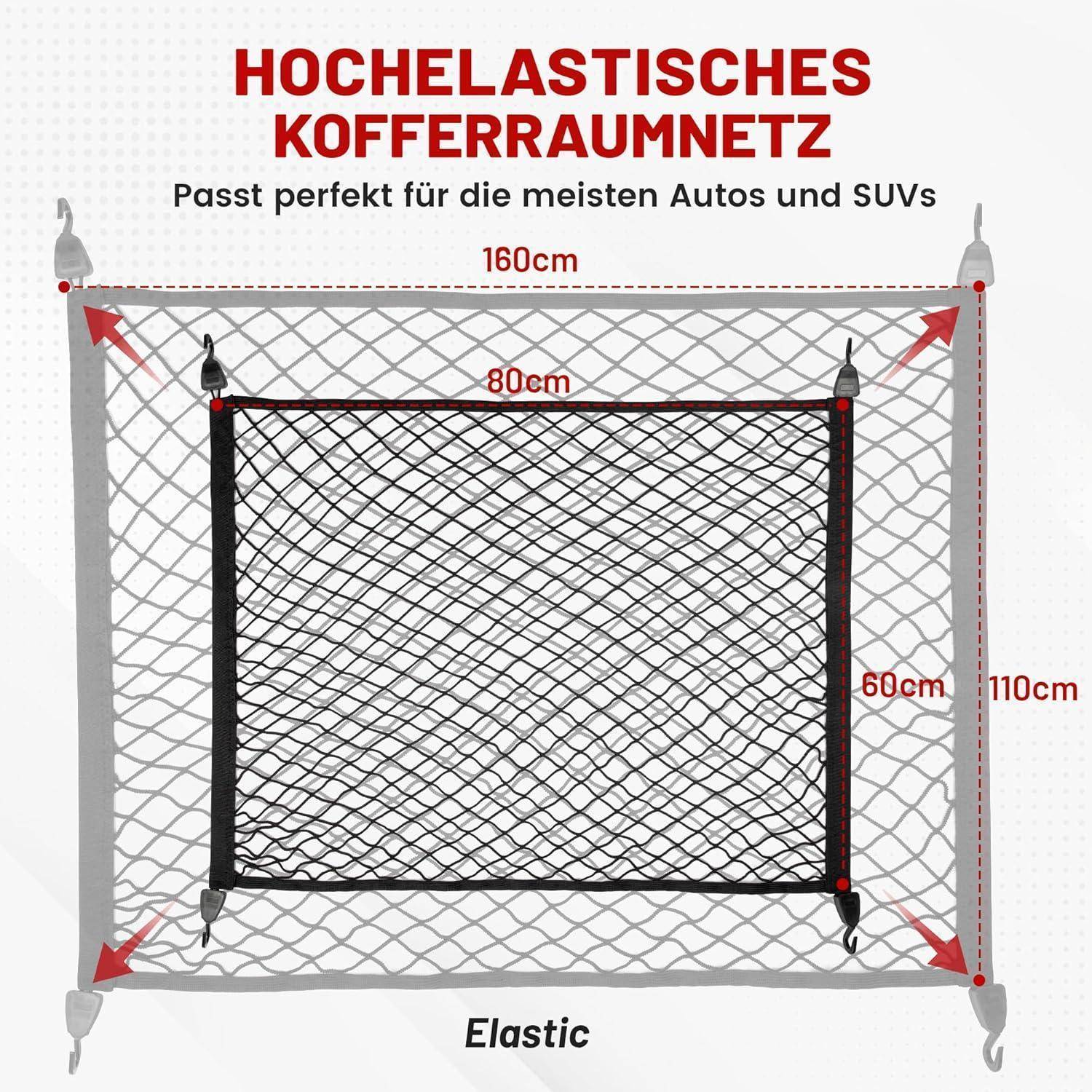 Darstellung eines elastischen Kofferraum-Ladenetzes mit deutscher Beschriftung, das eine Gesamtgröße von 160 cm x 110 cm und ein inneres Netz von 80 cm x 60 cm aufweist; passt in die meisten Autos und SUVs.