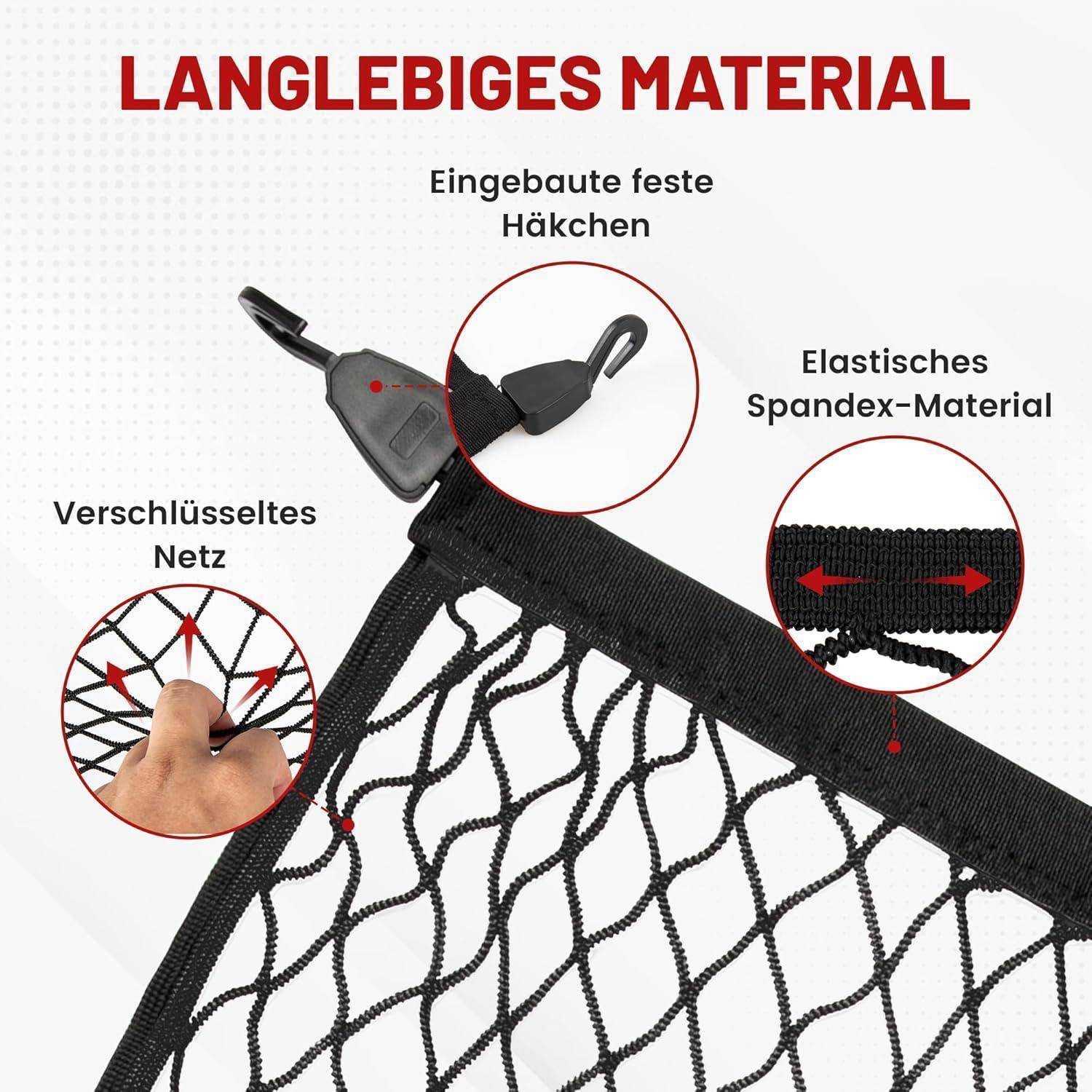 Produktgrafik eines schwarzen elastischen Ladesicherungsnetzes mit integrierten Haken, das strapazierfähiges Maschengewebe, verstärkte Haken und dehnbares Spandex-Material hervorhebt.