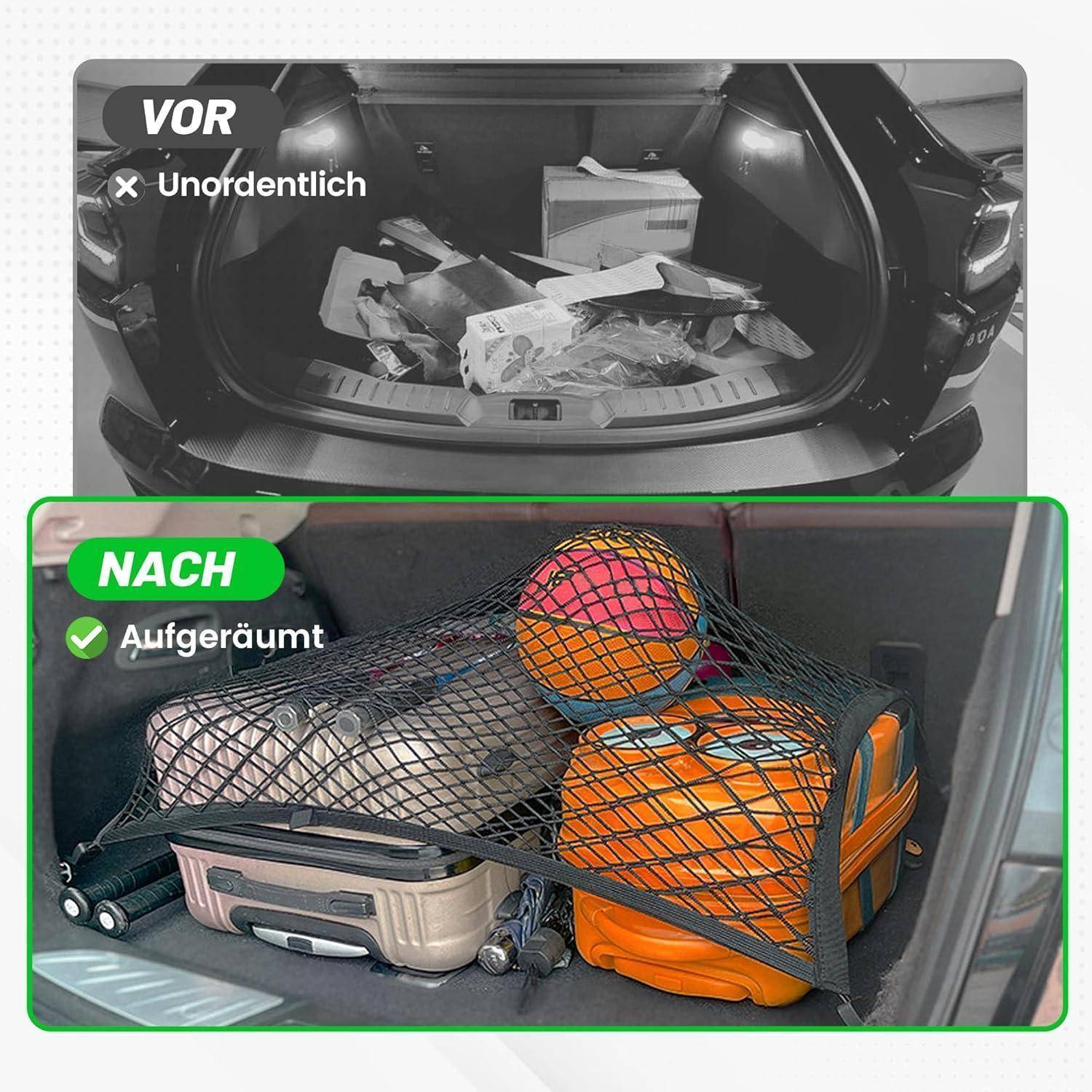 Vorher-Nachher-Ansicht eines Autokofferraums: Oben zeigt sich chaotische, „unordentliche