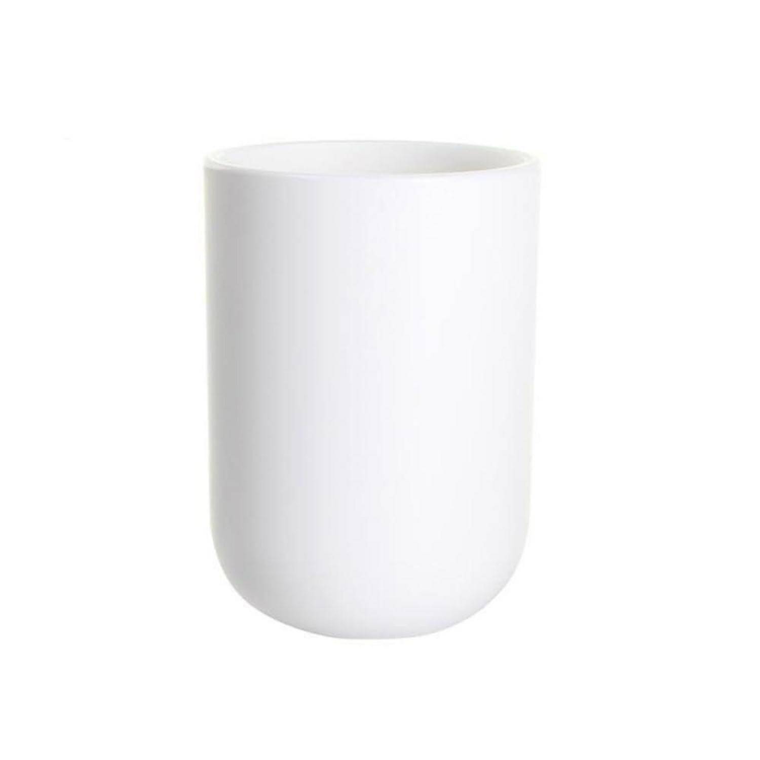 Weiße zylindrische Keramiktasse oder Blumenkübel mit rundem Boden auf schlicht weißem Hintergrund.