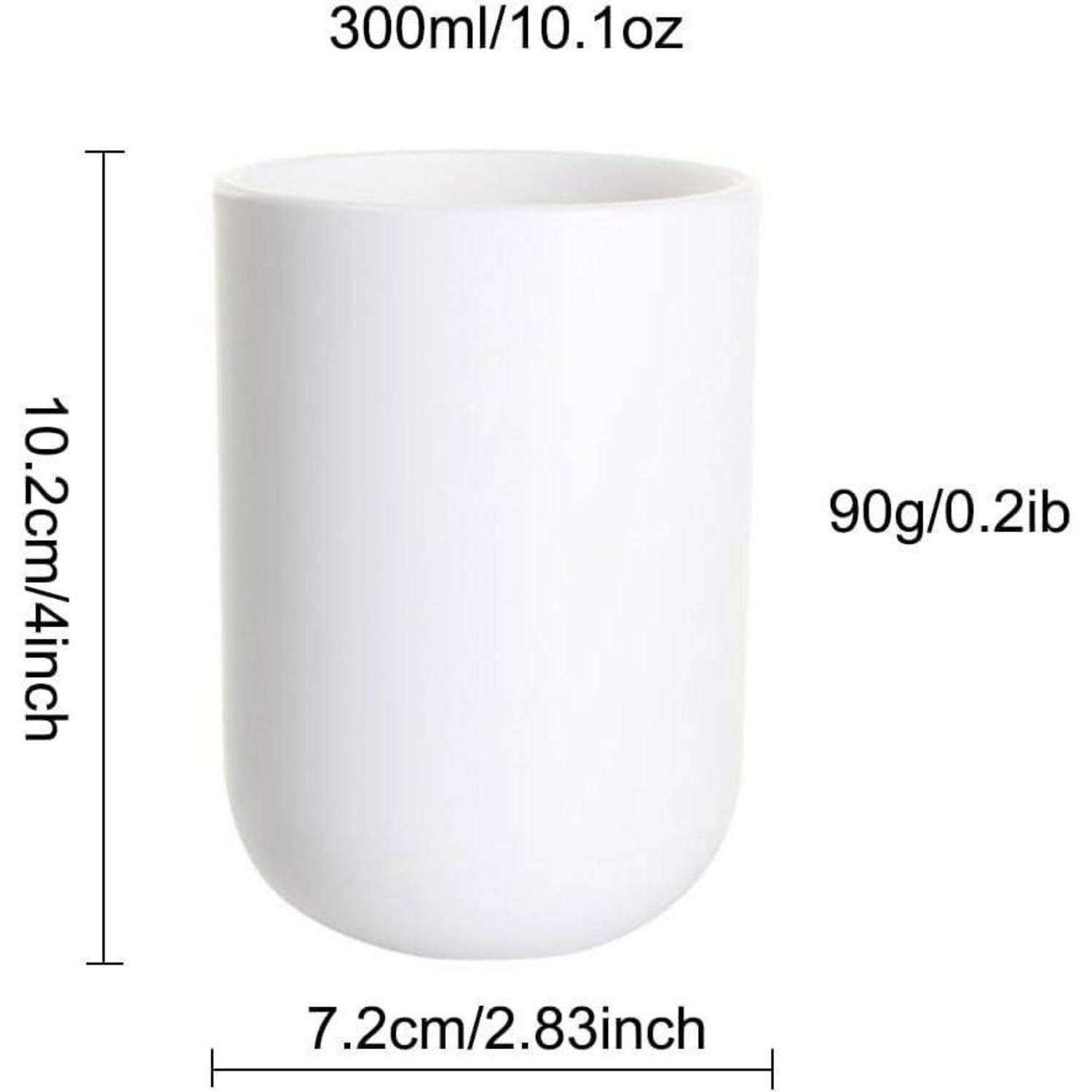 Weiße zylindrische Tasse, beschriftet mit 300ml/10,1oz, 10,2 cm hoch und 7,2 cm breit, Gewicht 90 g.