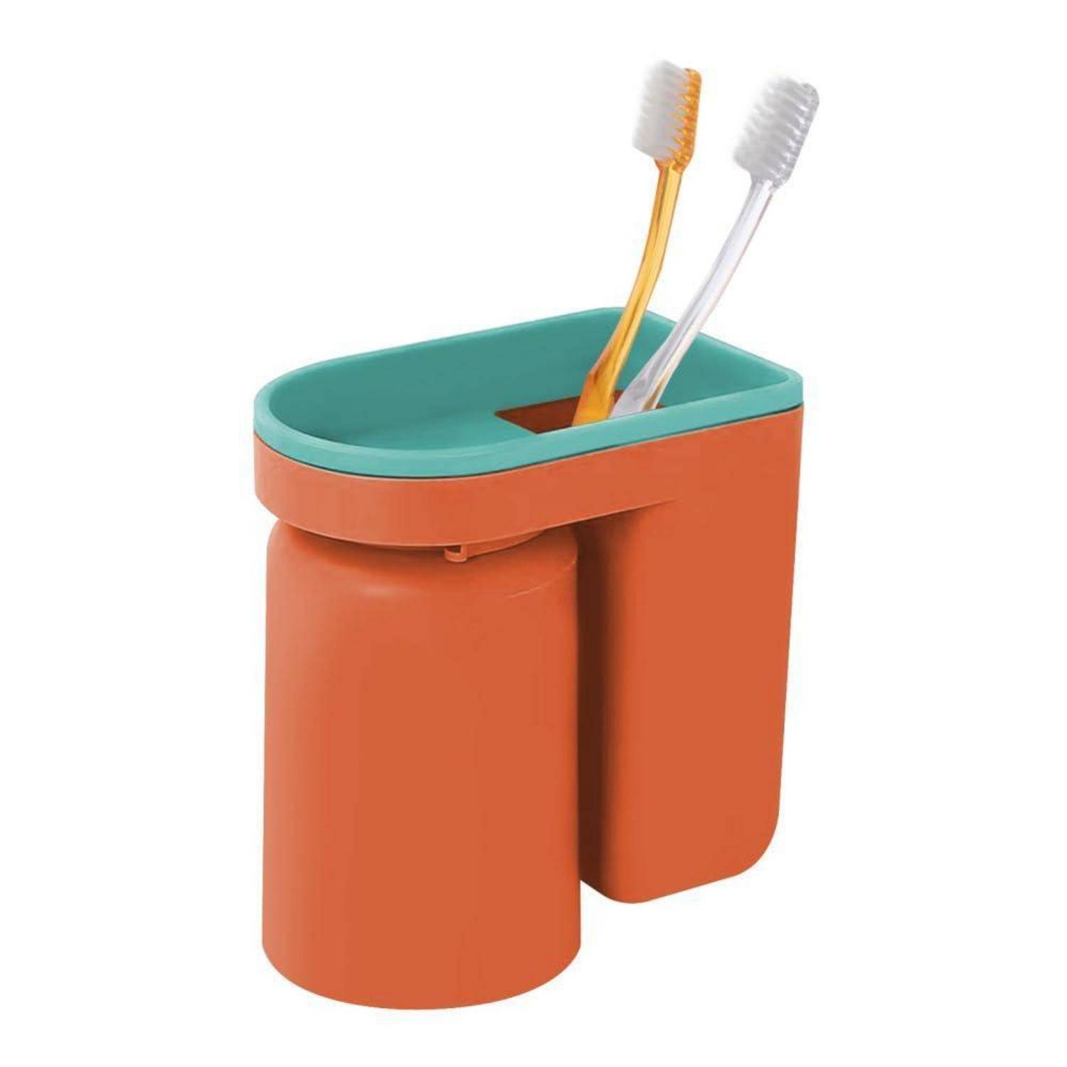 Zahnbürstenhalter in Orange und Blaugrün mit zwei Zahnbürsten auf weißem Hintergrund dargestellt.