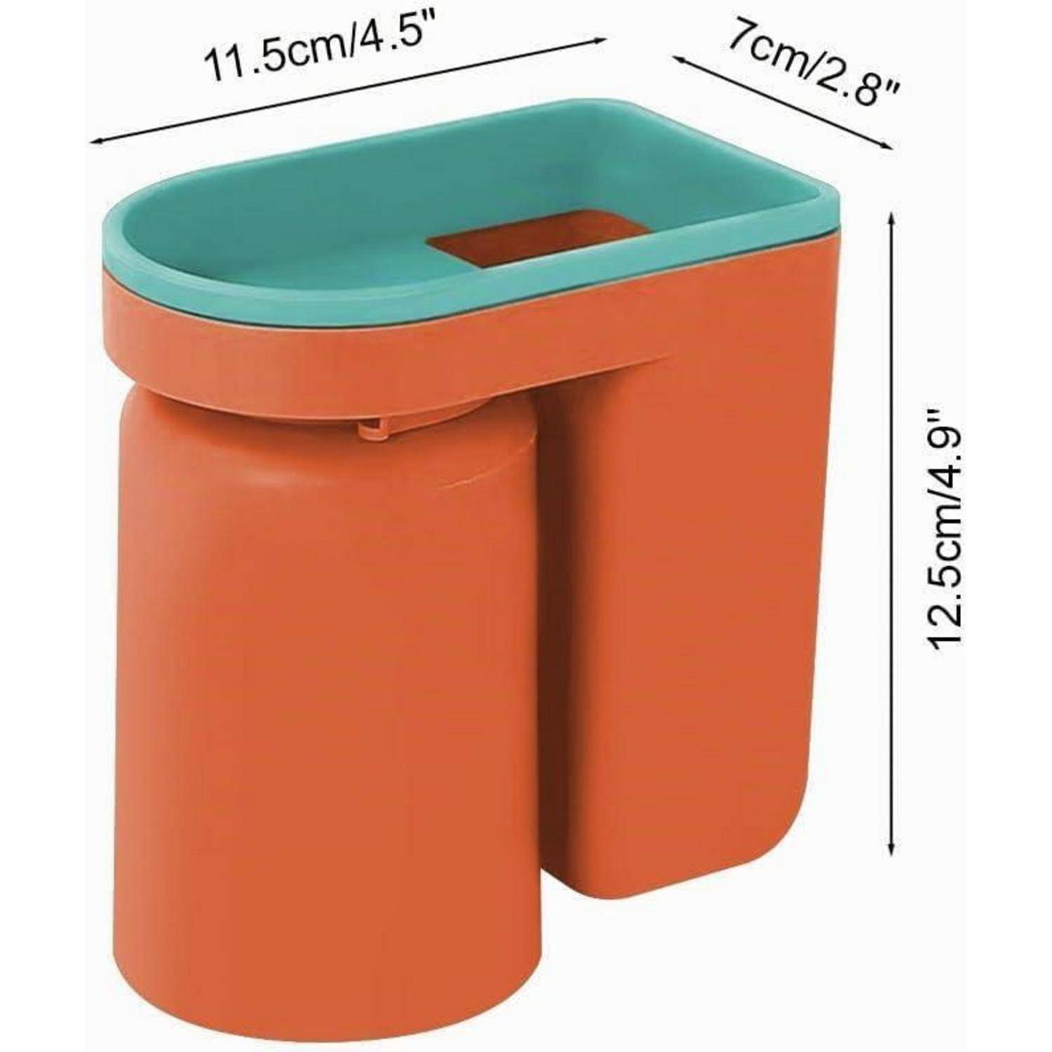 Kompakter orange-türkis wandmontierter Toilettenpapierhalter, dargestellt mit Abmessungen 11,5 cm x 7 cm x 12,5 cm.