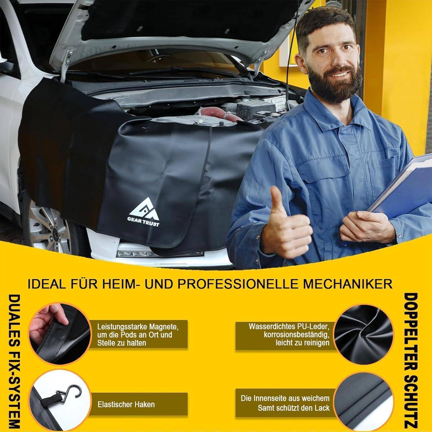 Werbebild eines Mechanikers, der neben einem Auto mit geöffneter Motorhaube, die mit einer Schutzschutzdecke abgedeckt ist, den Daumen nach oben zeigt. Das Bild wirbt für ein doppelseitiges Reparatursystem mit Kratzerprotektion.