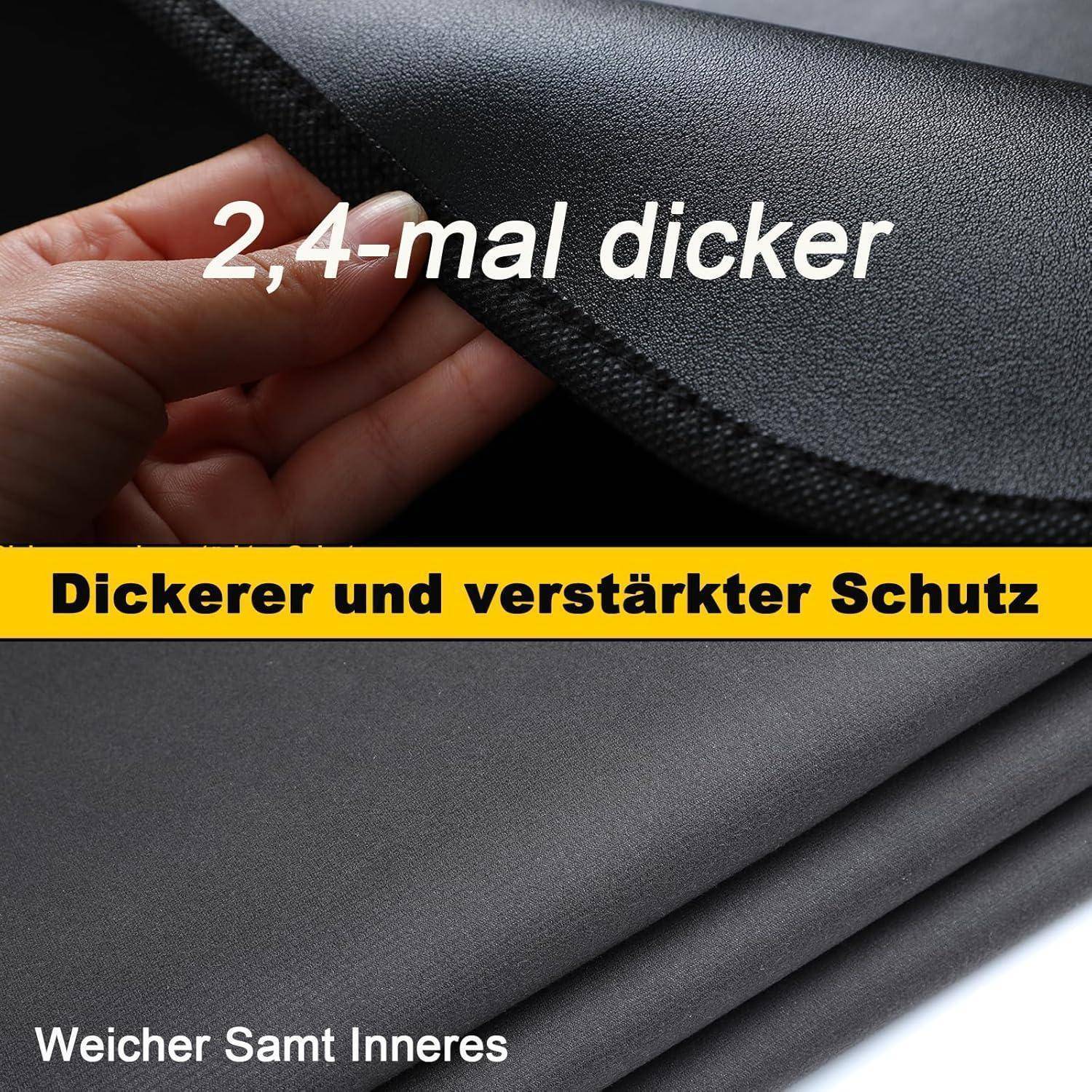 Werbebild von geschichteter schwarzer Stoff, der von einer Hand angehoben wird, mit deutschem Text: '2,4-mal dicker', 'Dickerer und verstärkter Schutz', und 'Weicherer Samtinneres'.