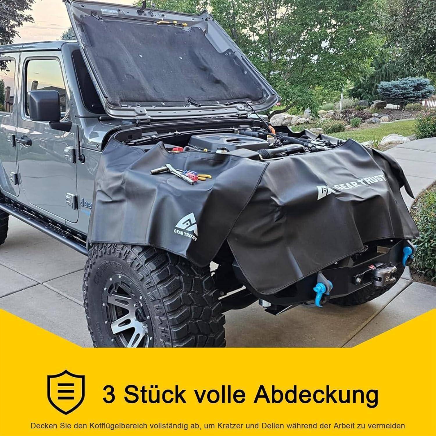 Grauer Geländewagen-Jeep mit offener Motorhaube und Vorderteil mit Schutzschutzblechen abgedeckt; deutscher Text sagt „3 Stück volle Abdeckung