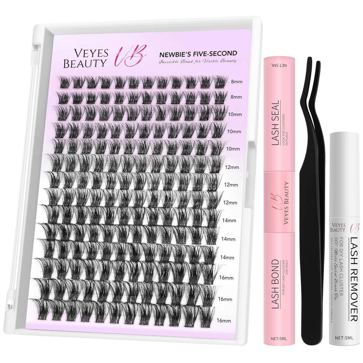 Veyes Beauty Wimpernverlängerungs-Set mit Tablett gemischter Wimpernbüschel, Lash Seal und Lash Bond Tuben, Entferner und Applikator-Pinzette.