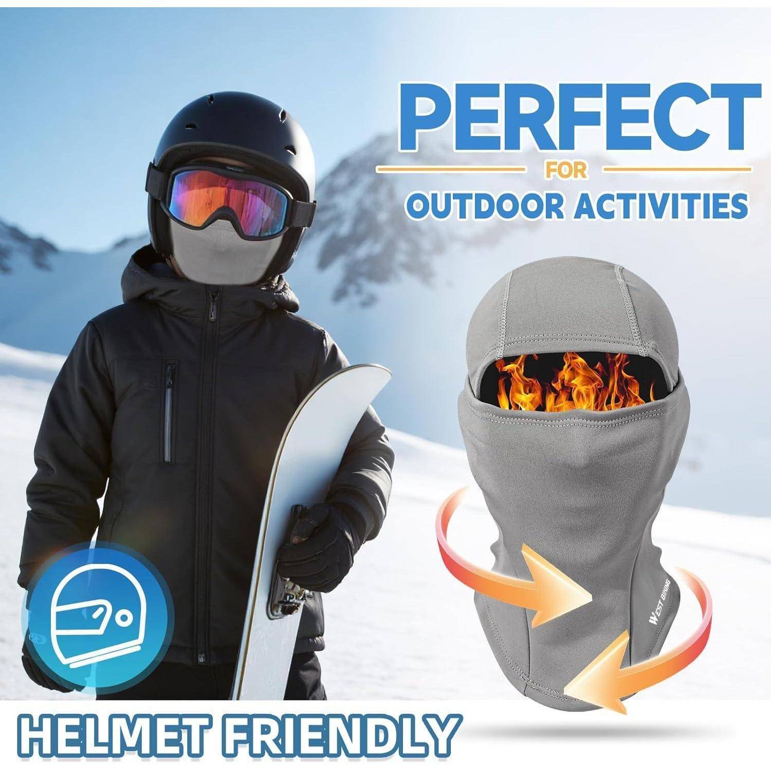 Werbebild eines Snowboarders in Winterausrüstung neben einer Gesichtsmaske/Helmabdeckung mit dem Text „PERFEKT FÜR OUTDOOR-AKTIVITÄTEN" und „HELMFREUNDLICH"".
