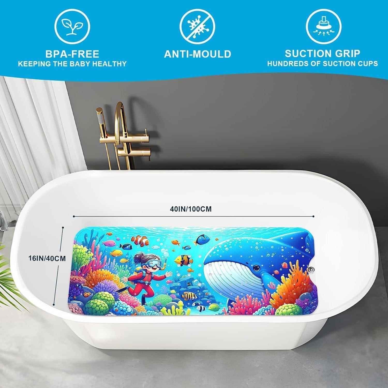 Weiße Baby-Badewanne mit ozeanisch gestaltetem Wal- und Tauchergrafikdruck, gekennzeichnet als BPA-frei, schimmelresistent und mit Saugnapfgriff; 40 x 16 Zoll.