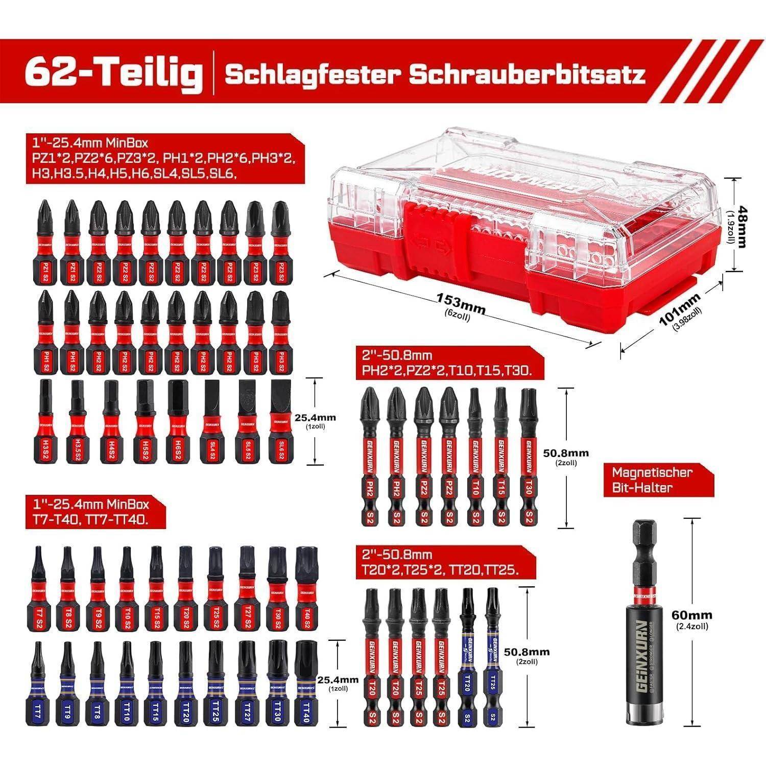 62-teiliges Schlagschrauberdrehbitsatz in einem klaren roten Aufbewahrungskoffer, mit mehreren Bitgrößen und einem magnetischen Bithalter, gezeigt mit Abmessungen.