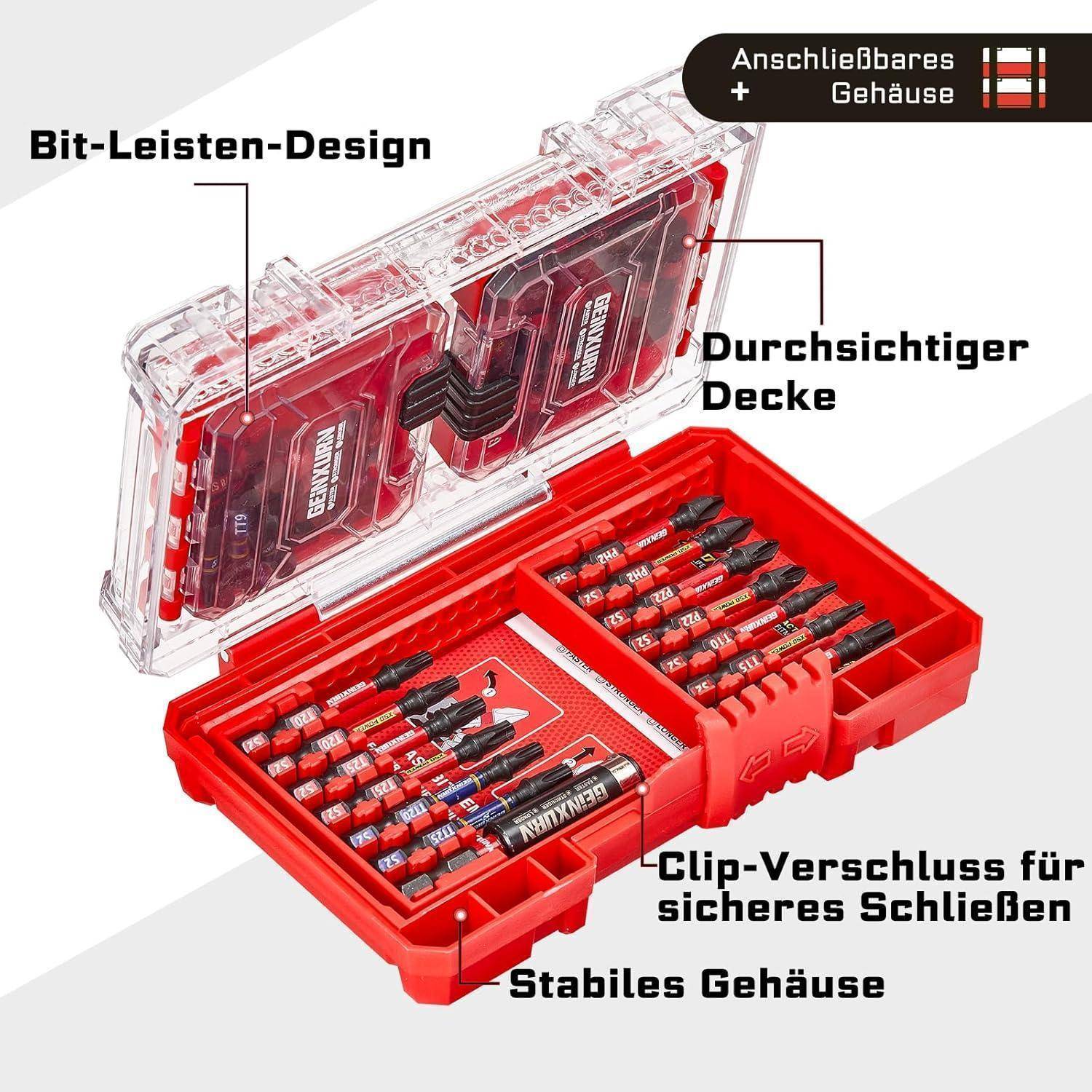 Bitset-Koffer mit transparentem Deckel, Clipverschluss, stabiles Gehäuse und Bitschienen-Design; mit deutscher Beschriftung.