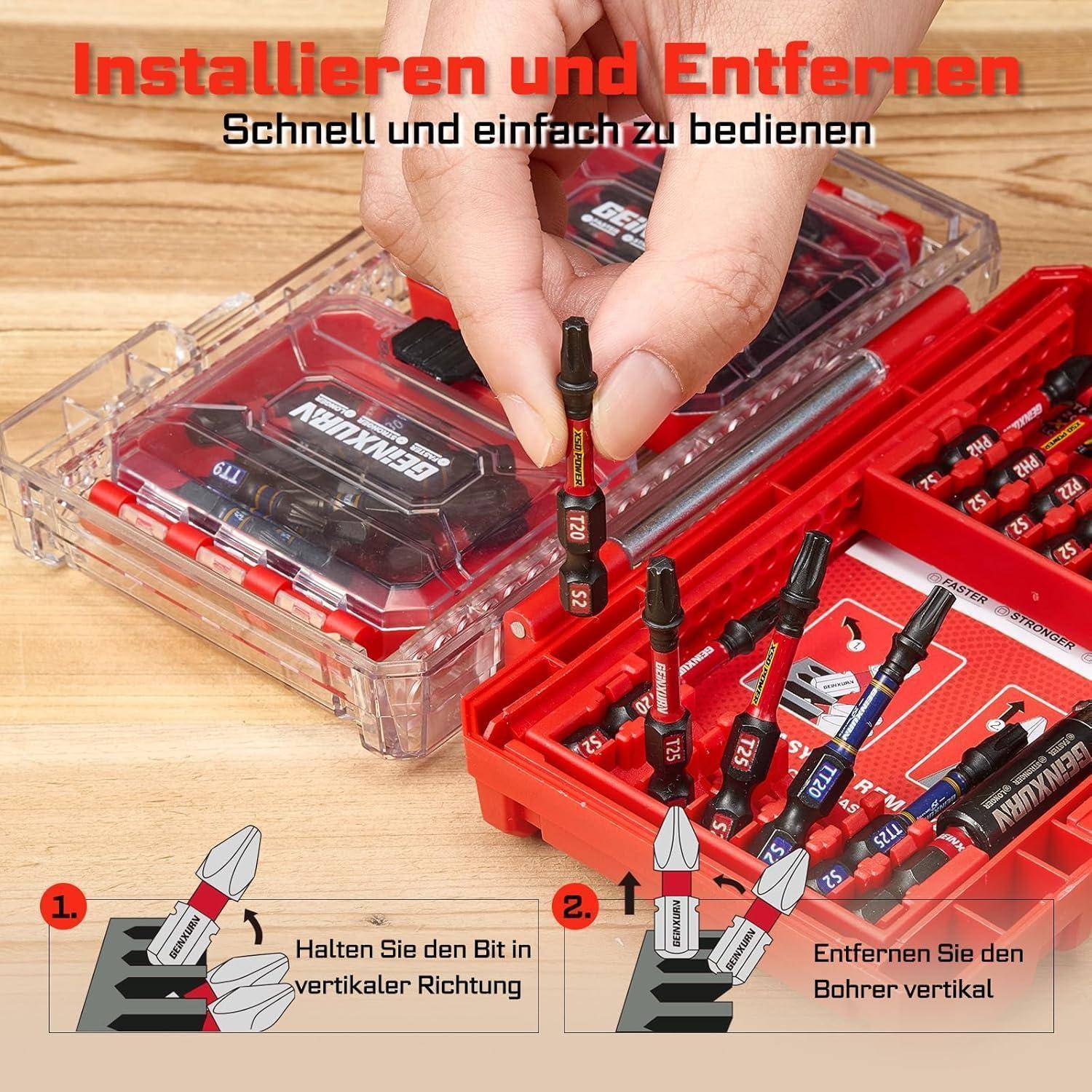 Geinxurn 62-teiliger Schraubendreher-Bitsatz aus schlagfestem, S2-Stahl Magnetische Torx/Phillips/Pozidriv/Schlitz/Hex-Kopf Bit Set, 1/4 zoll