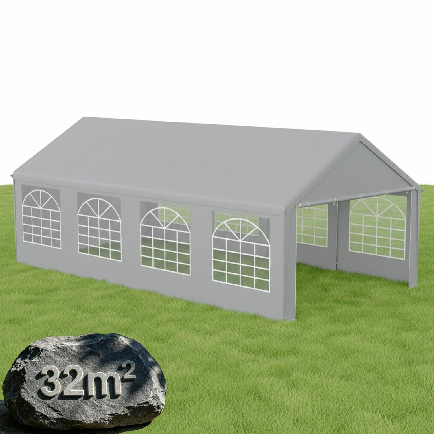 Graues Outdoor-Veranstaltungszelt mit Bogenfenstern auf Gras, mit einer Bezeichnung von 32 m².