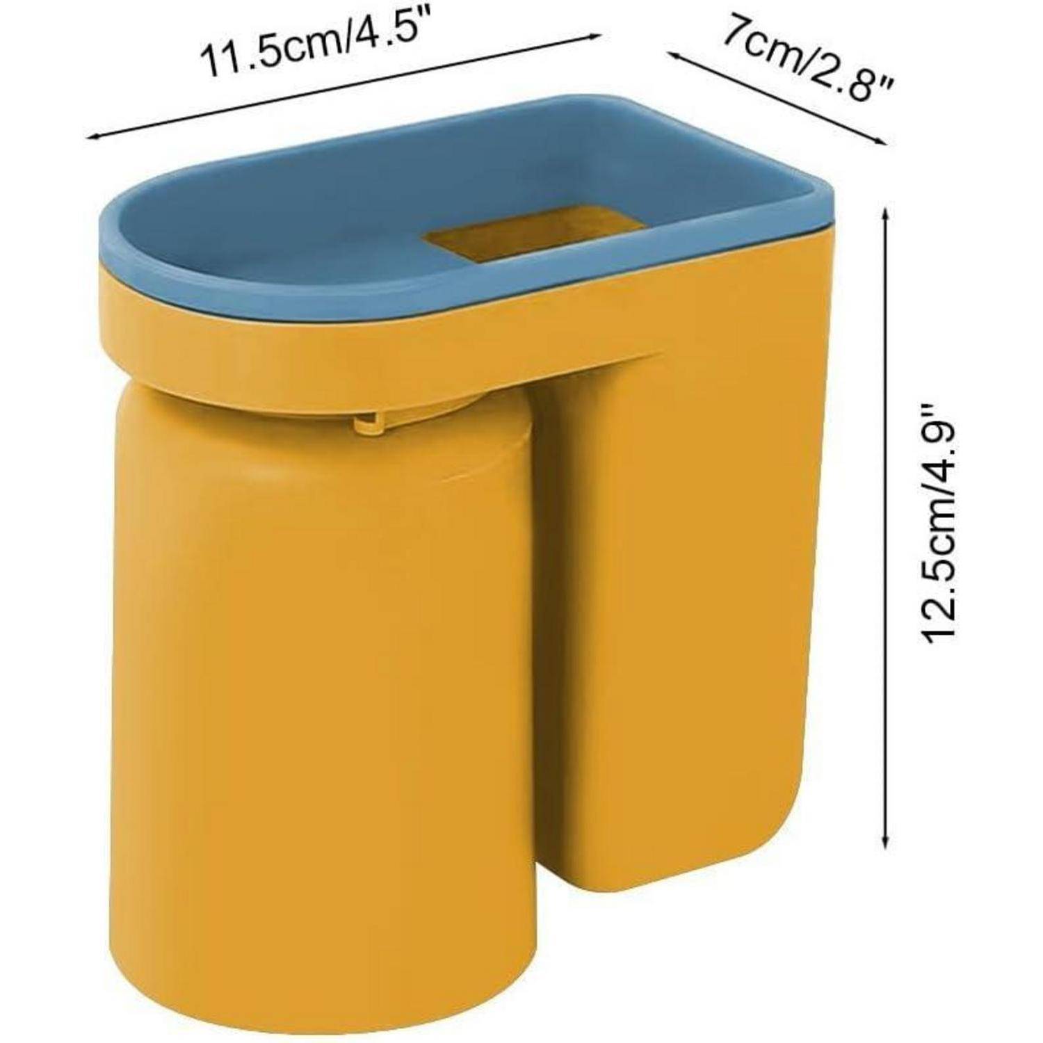 Gelb und blau kompakter wandmontierter Spender oder Halter mit Abmessungen von 11,5 cm mal 7 cm mal 12,5 cm.